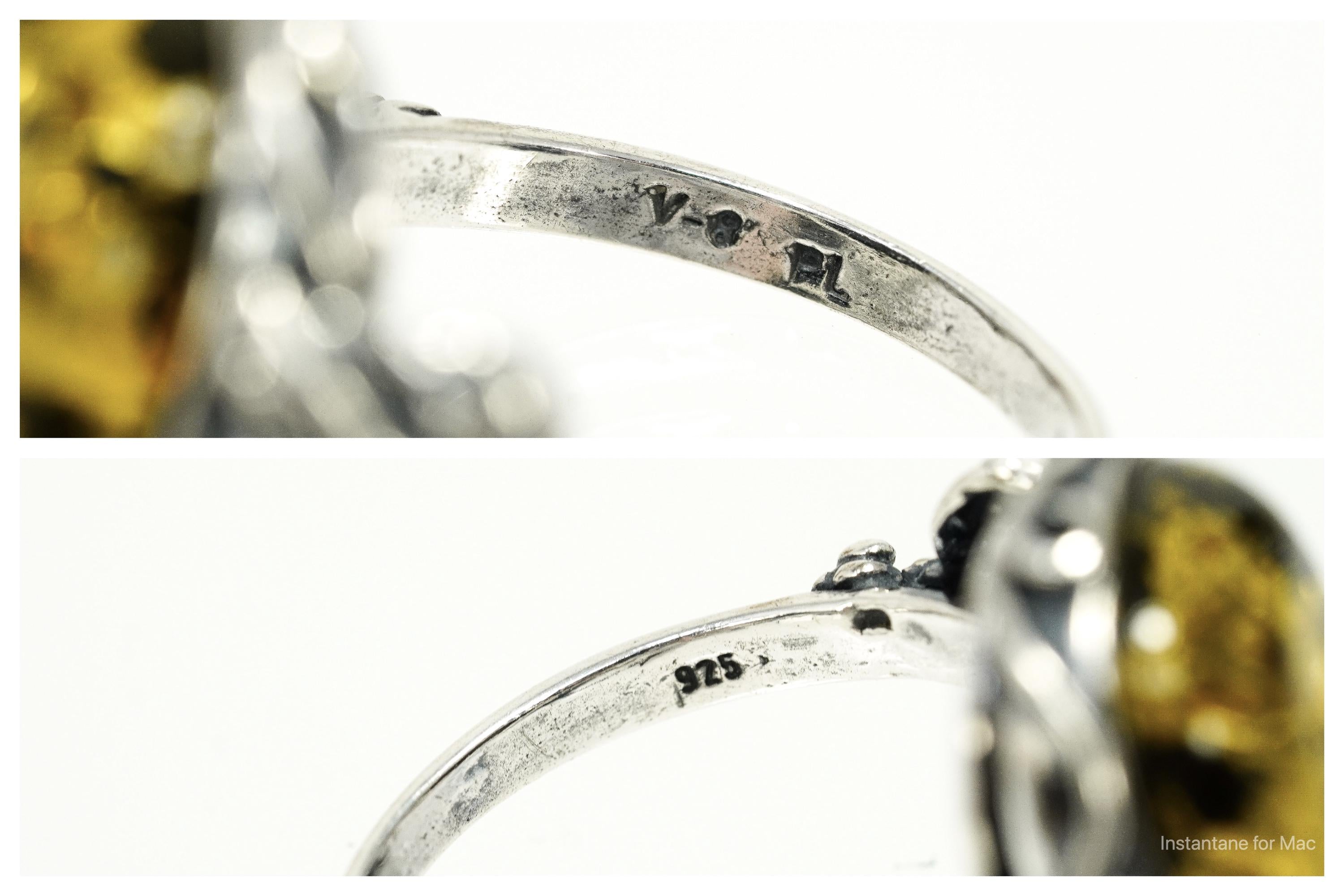 Vintage Large Amber Modernist Style Sterling Silver Ring - Size 9