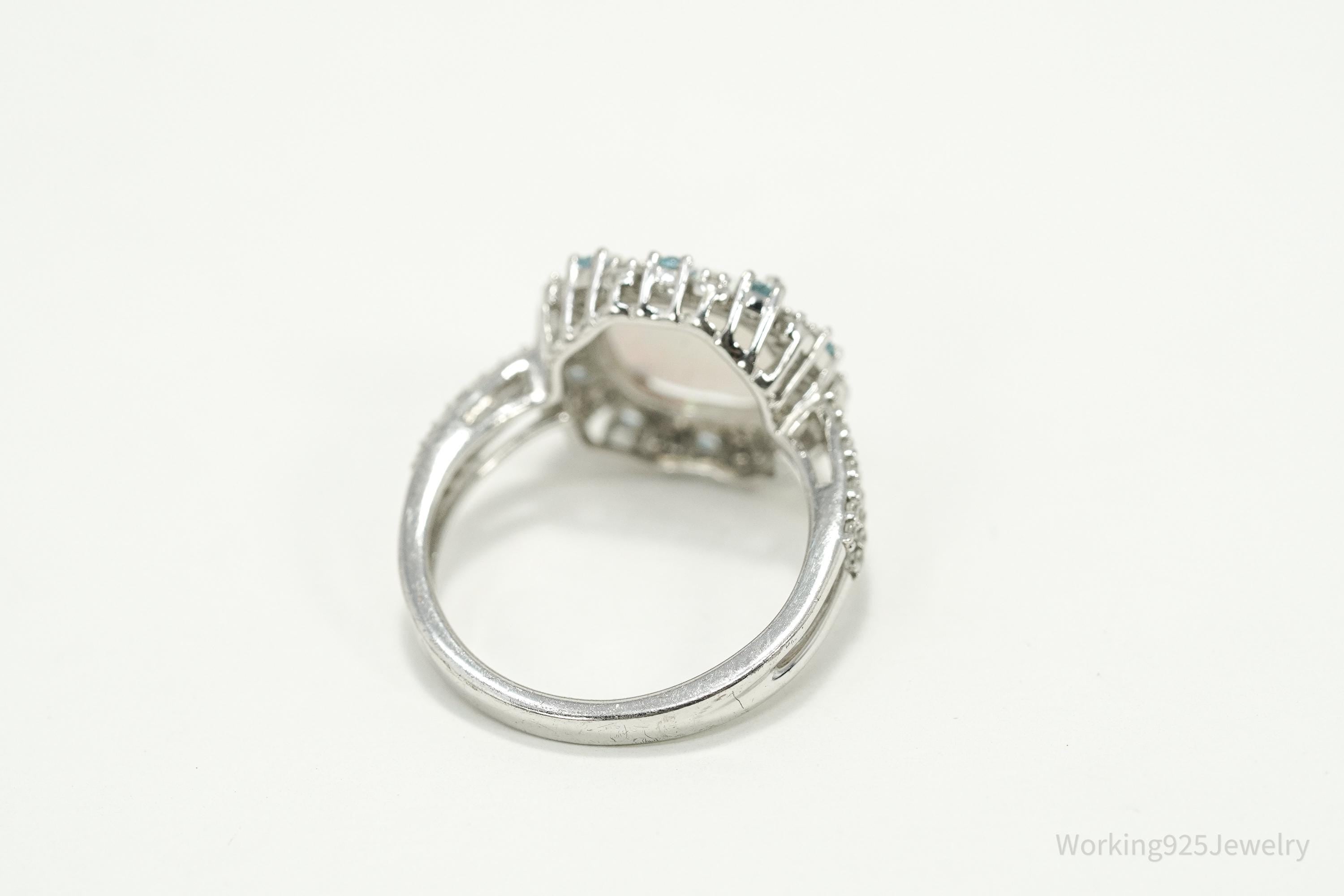 Vintage JWBR Sterling Silver Ring • Opal, Blue Topaz & CZ Cluster Size 7