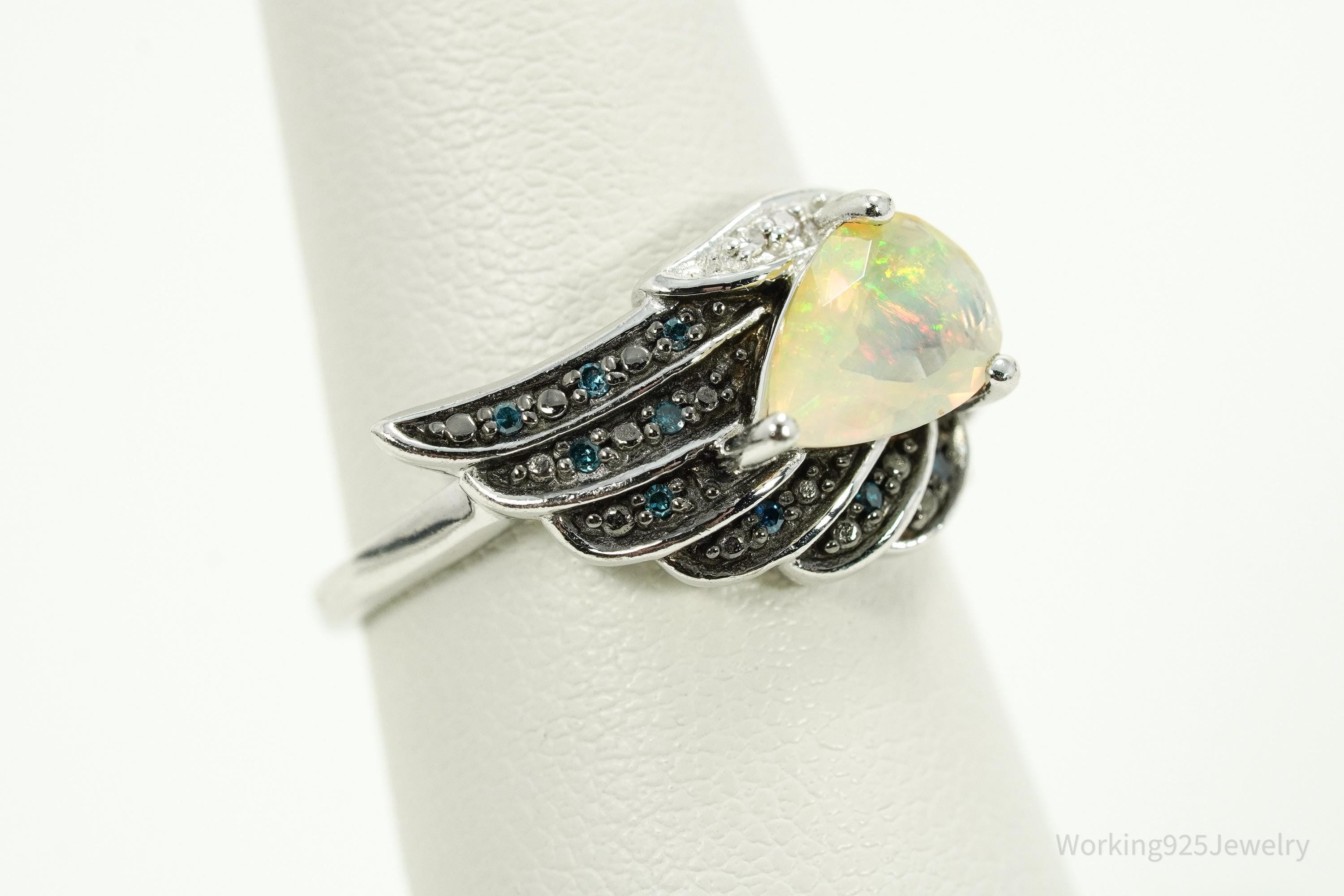 Vintage KH Opal & Diamond Sterling Silver Ring - Size 6