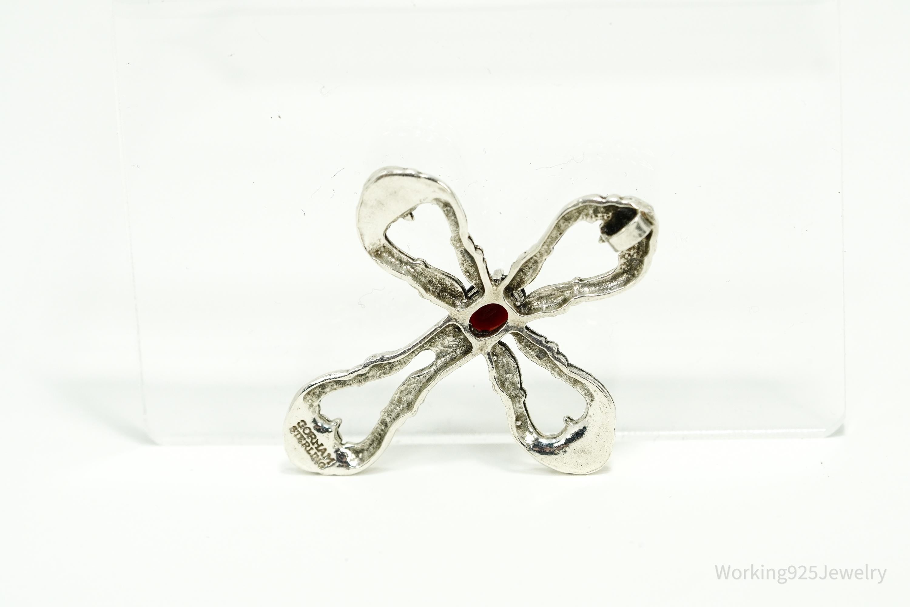 Vintage Designer Gorham Garnet Ornate Sterling Silver Cross Necklace Pendant