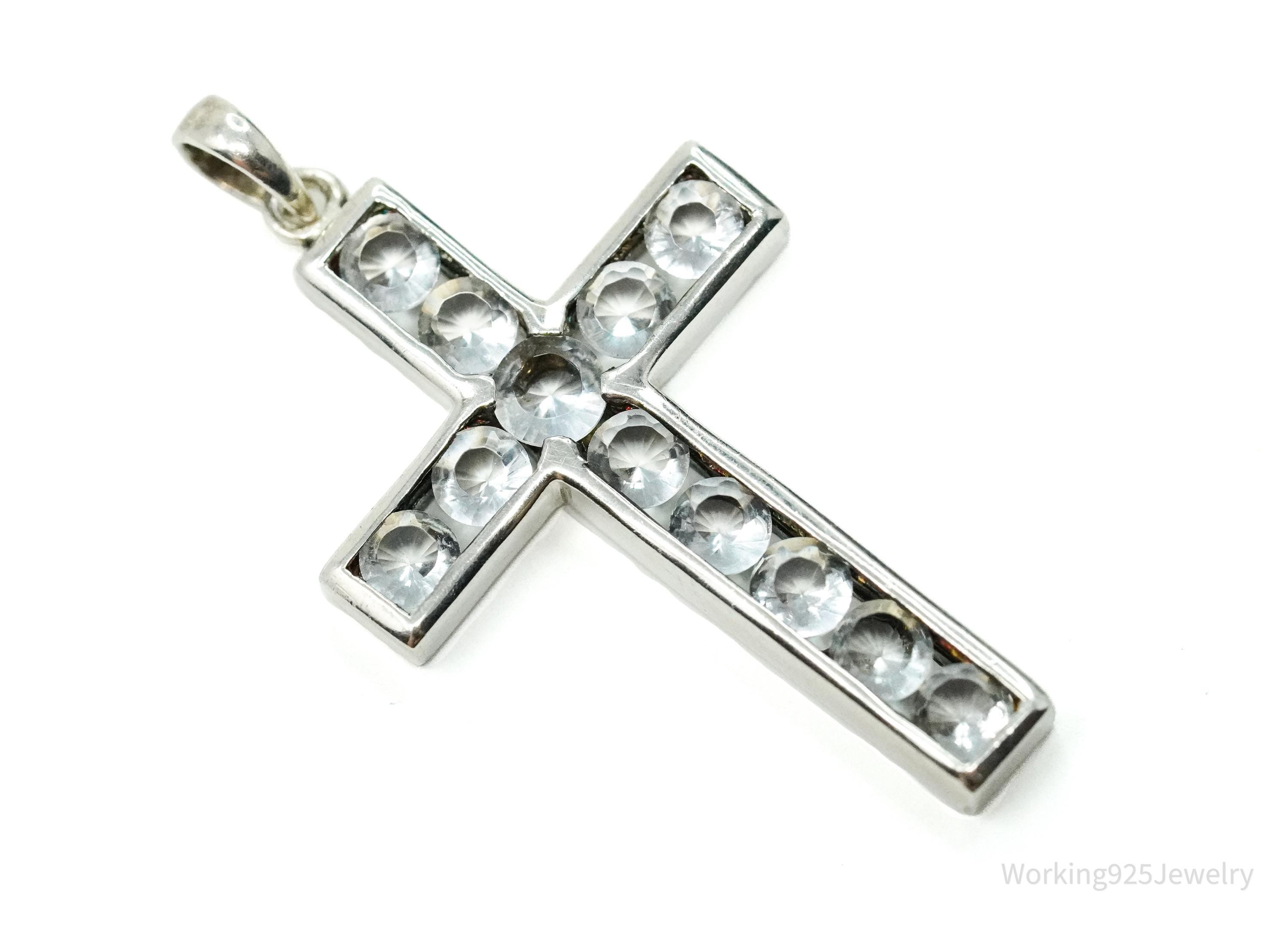 Vintage Crystal Cross Sterling Silver Necklace Pendant