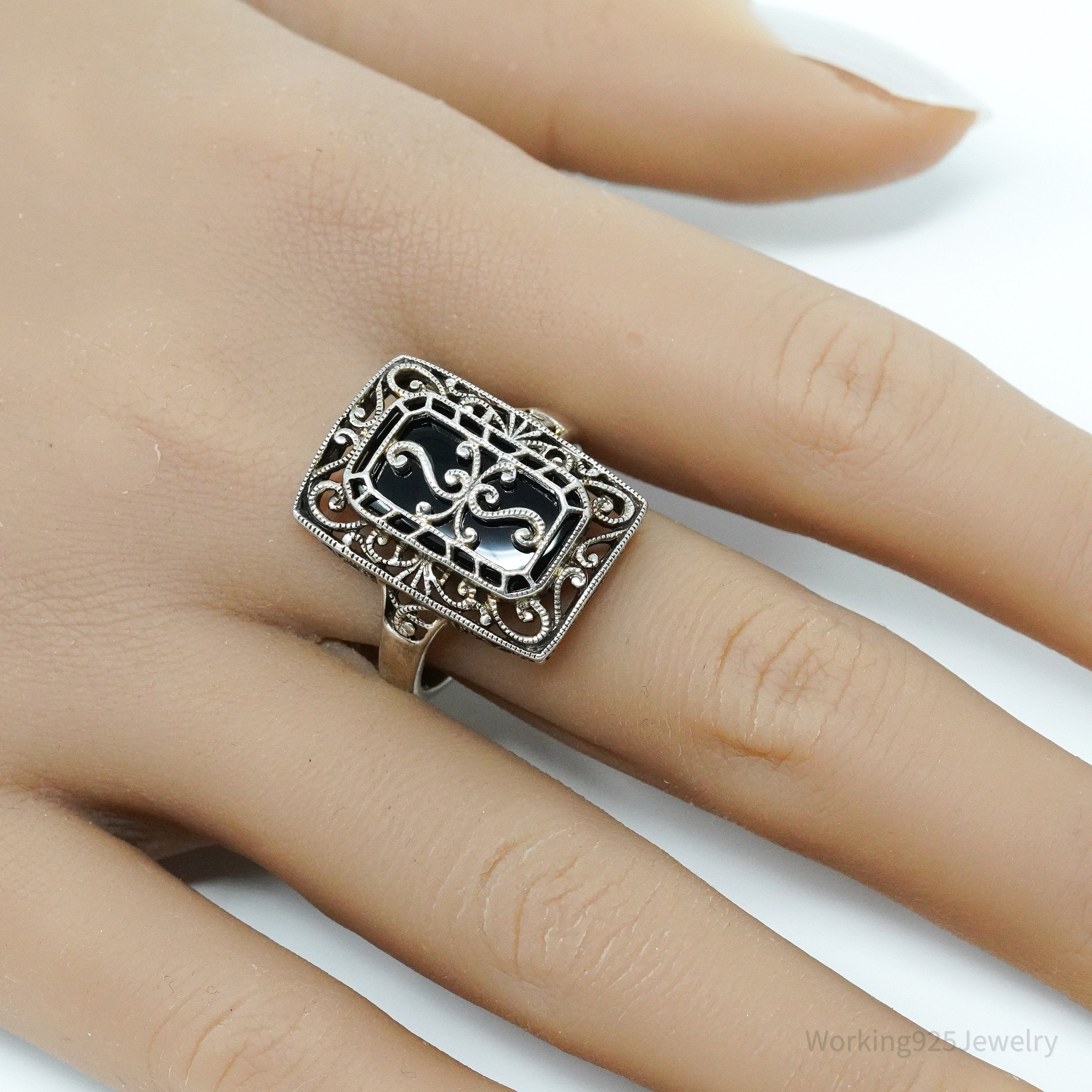 Vintage Black Onyx Scrolls & Swirls Sterling Silver Ring - Size 11.25