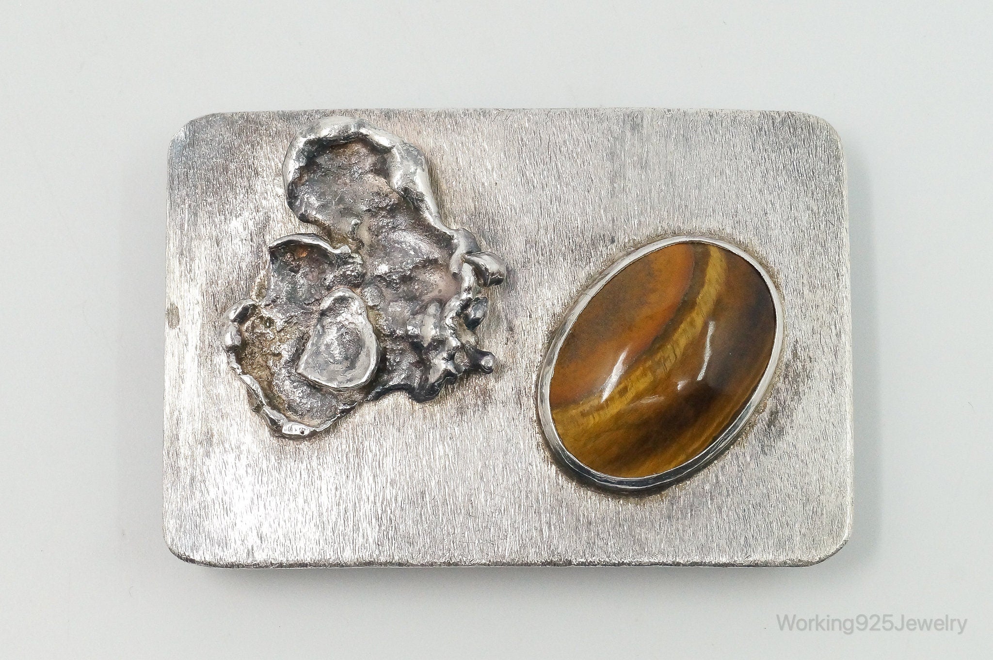 Vintage Modernist Tigers Eye Sterling Silver Belt Buckle