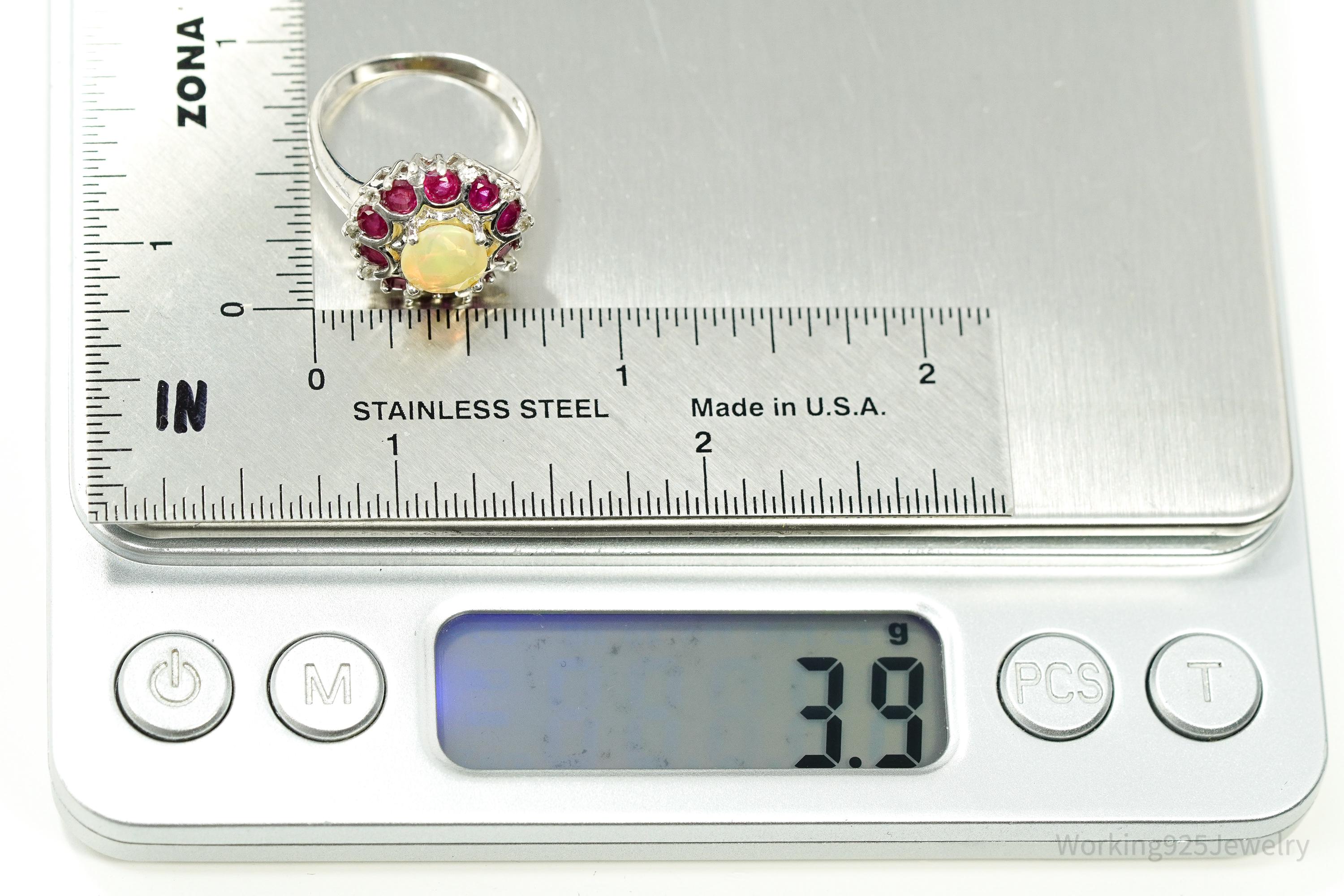 Vintage Ethiopian Opal & Ruby Sterling Silver Ring - Size 7