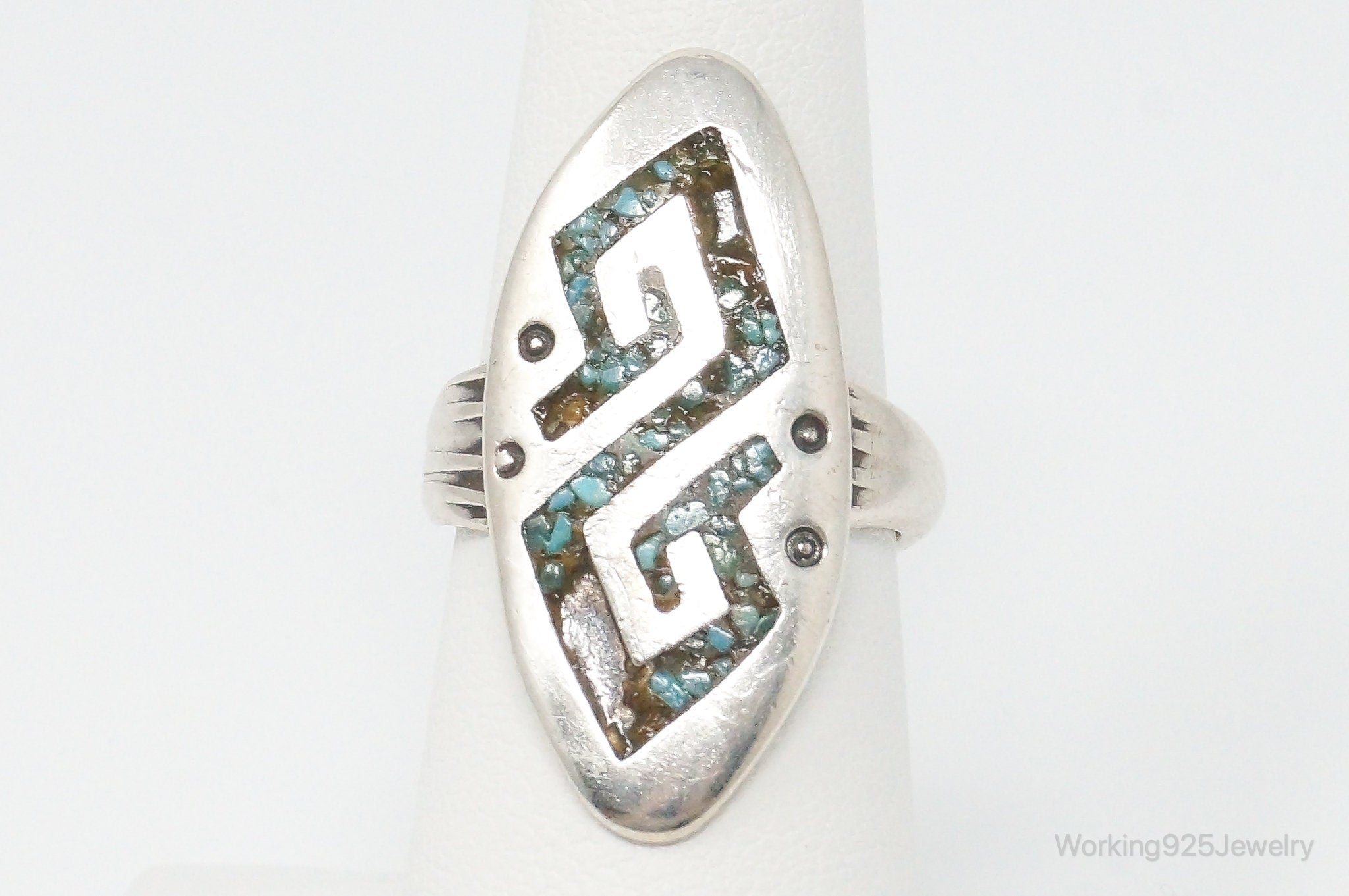 Vintage Native American Turquoise Inlay Unsigned Sterling Silver Ring - SZ 7