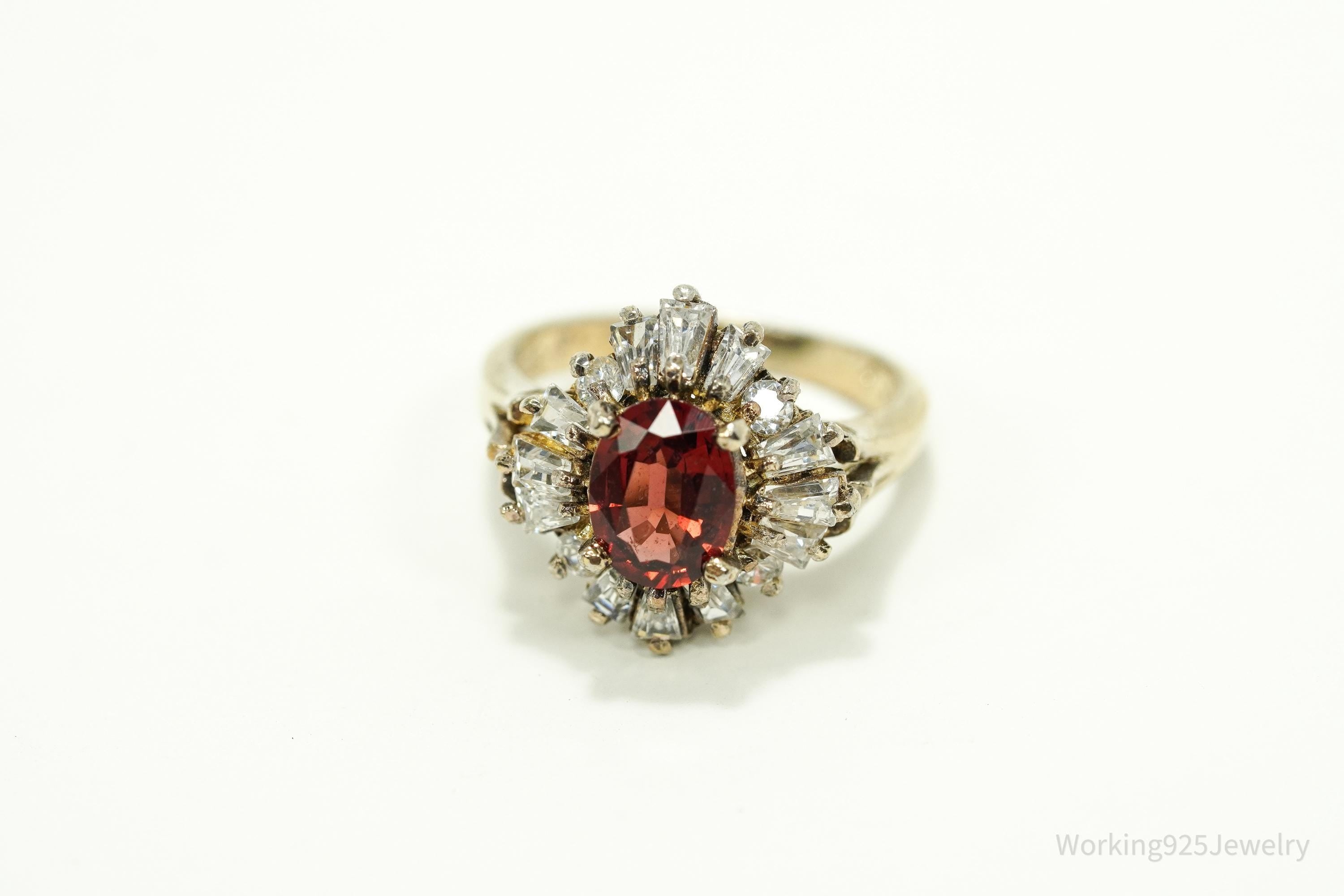 Vintage Garnet & Cubic Zirconia Gold Over Sterling Silver Ring Size 5.75