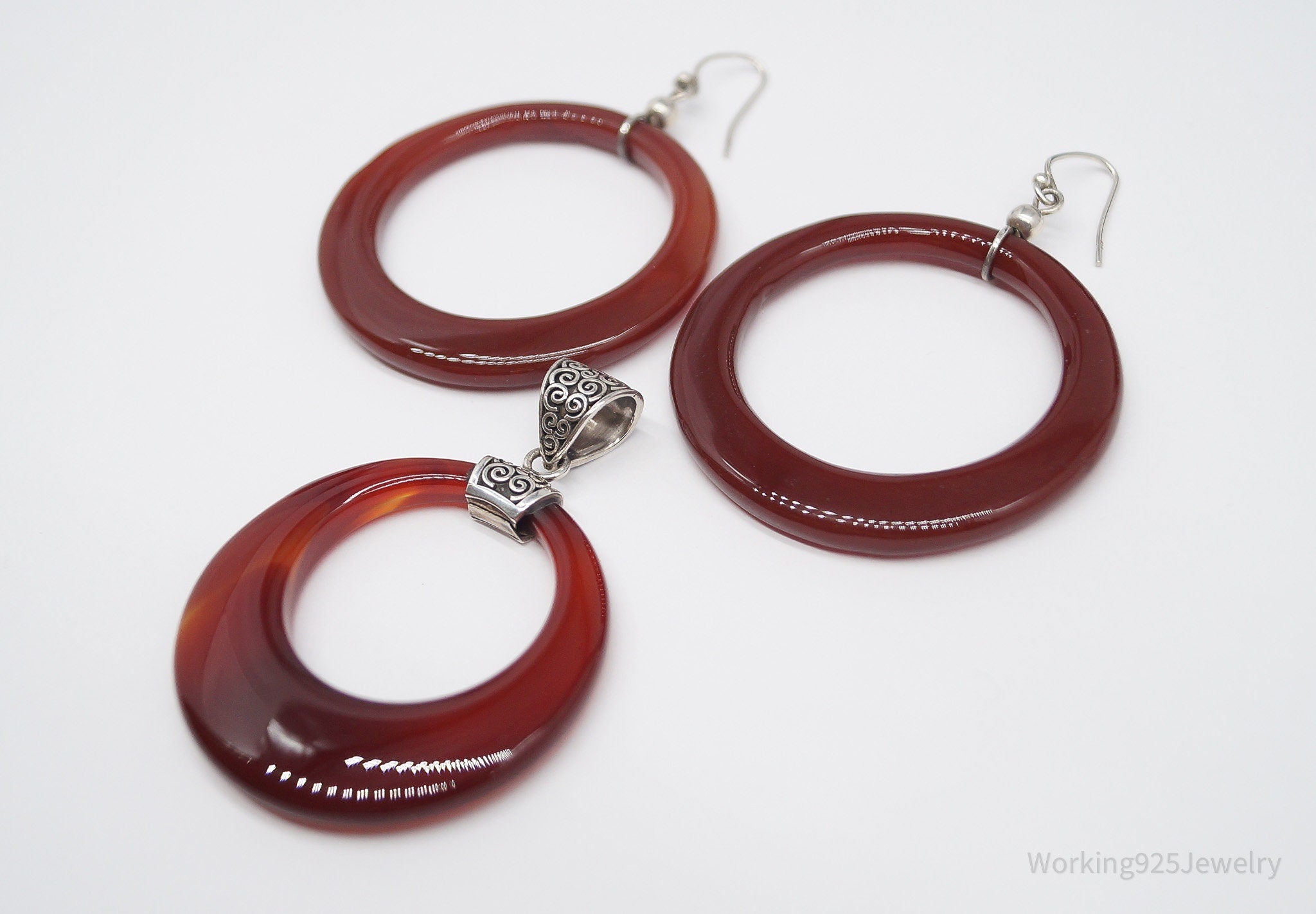 Vintage Carnelian Sterling Silver Earrings & Pendant Set