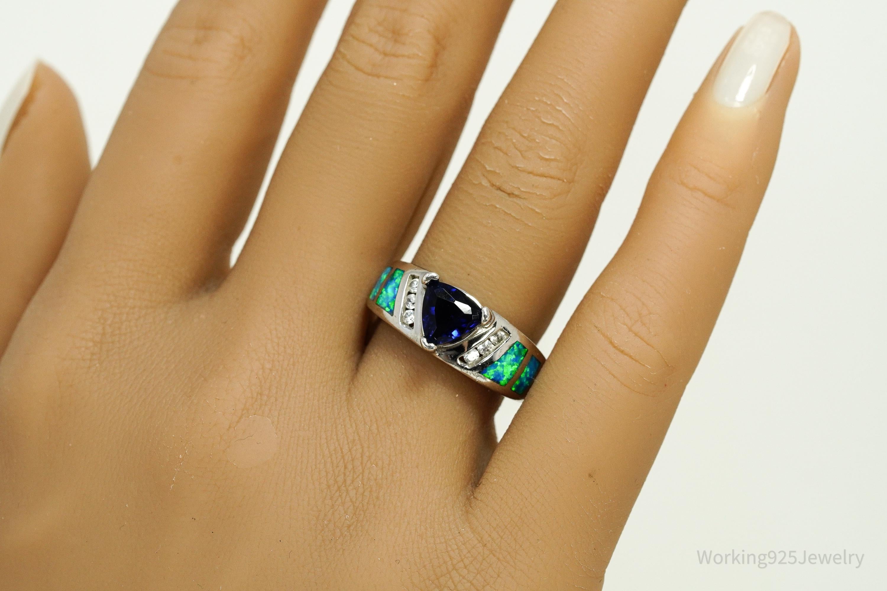 Vintage Lab Created Sapphire Cubic Zirconia Opal Sterling Silver Ring - Size 7.75