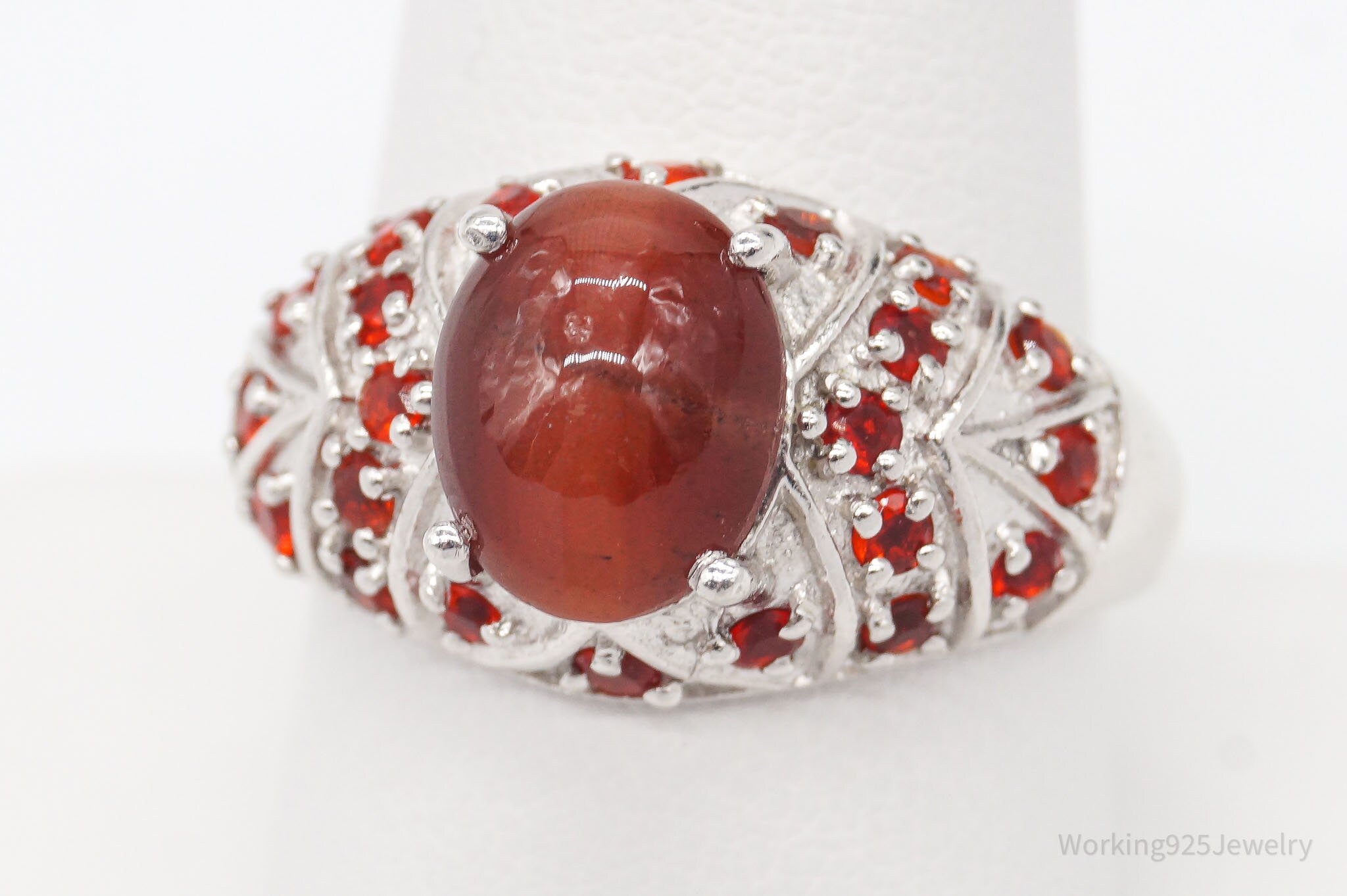 Vintage Red Cats Eye & Fire Opal Sterling Silver Ring - Size 9.75