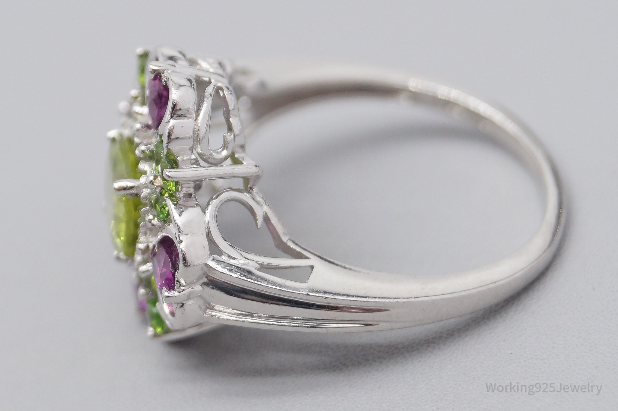 SGL Peridot & Pink Tourmaline Sterling Silver Ring - Size 9.75