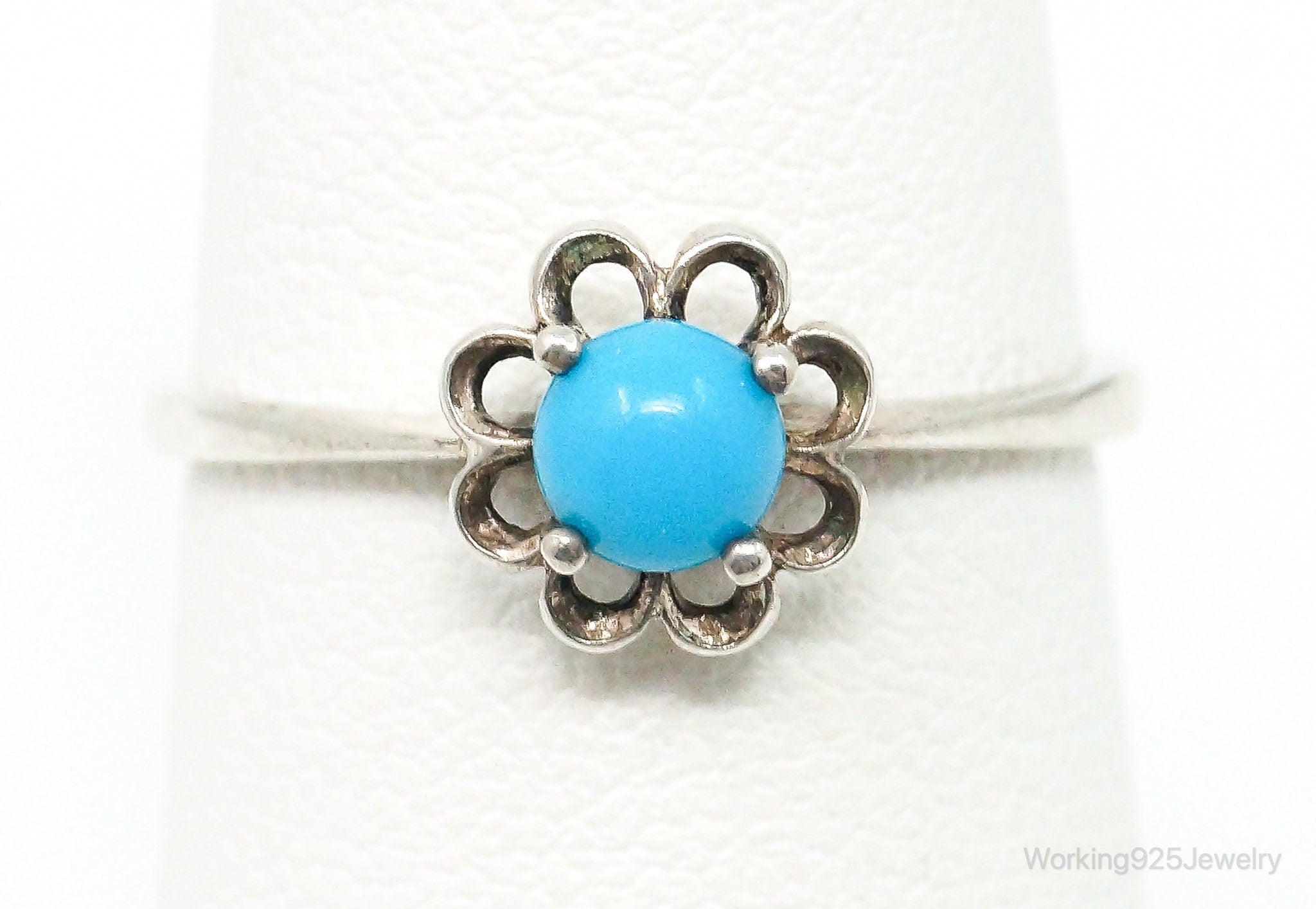 Vintage London Made Turquoise Flower Sterling Silver Ring - Size 5.75