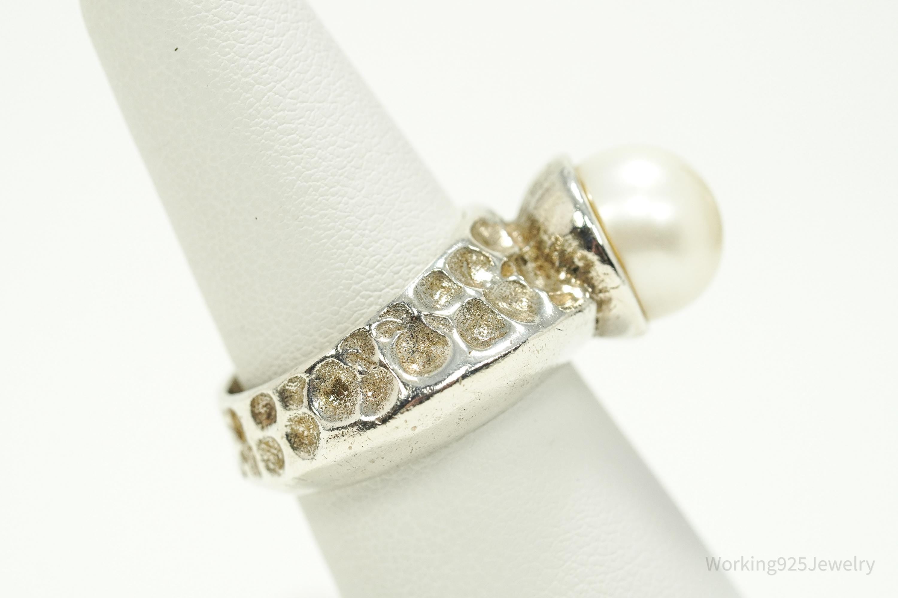 Vintage Pearl Modernist Style Sterling Silver Ring - Size 7.25