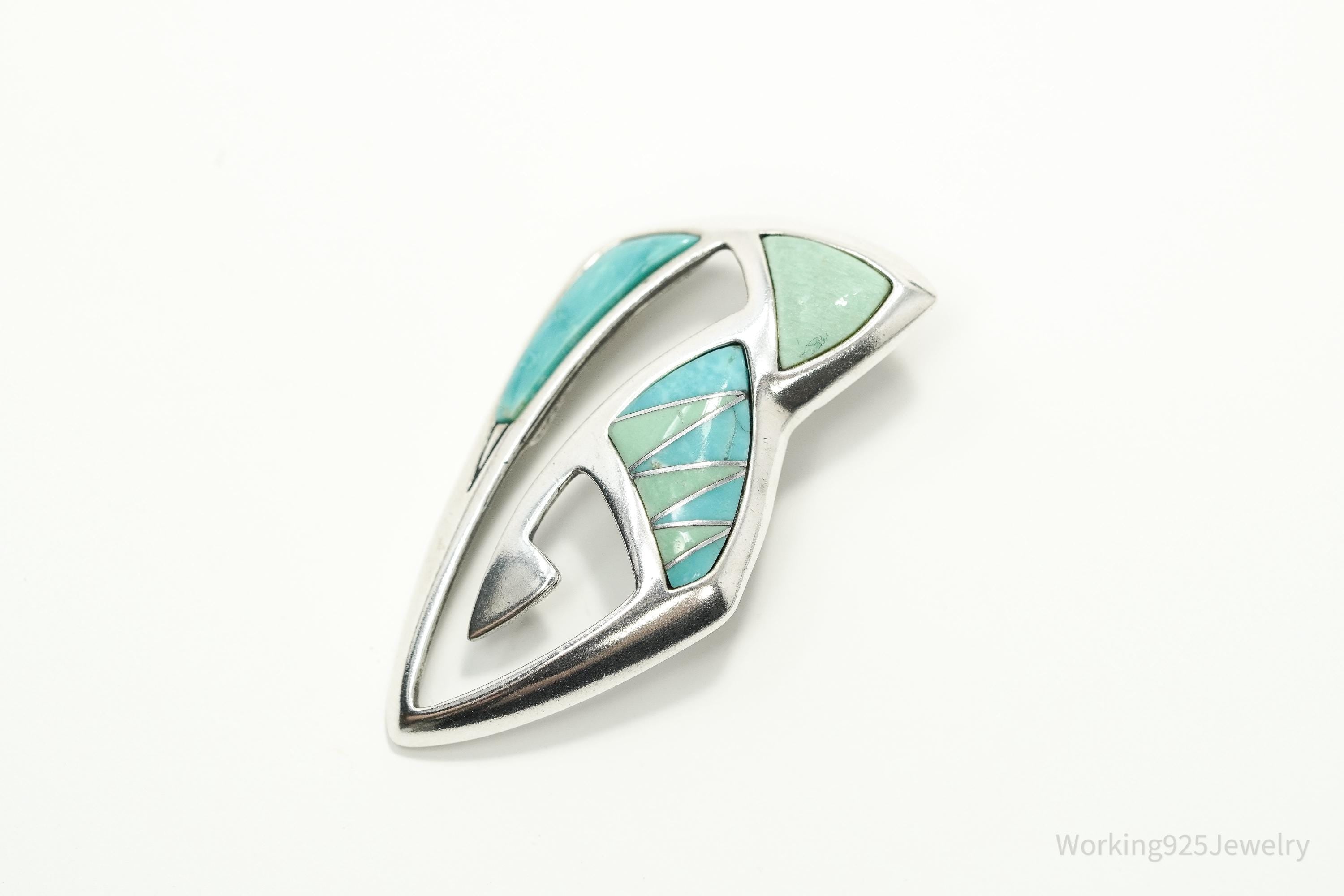 VTG Native Designer Carolyn Pollack Relios Turquoise Inlay Sterling Silver Pendant 1 9/16"