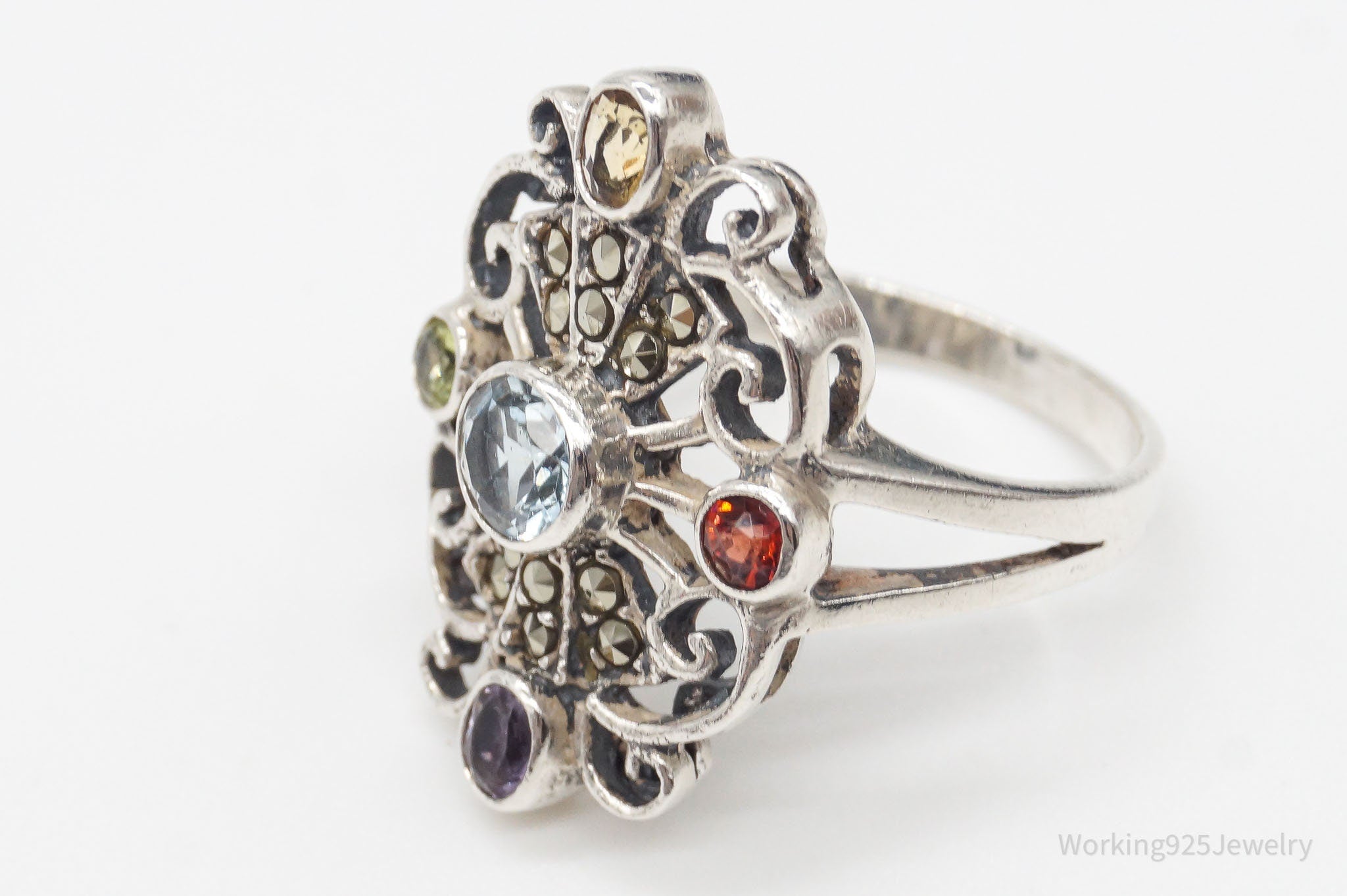 Vintage Multi Gemstone Sterling Silver Ring - Size 8