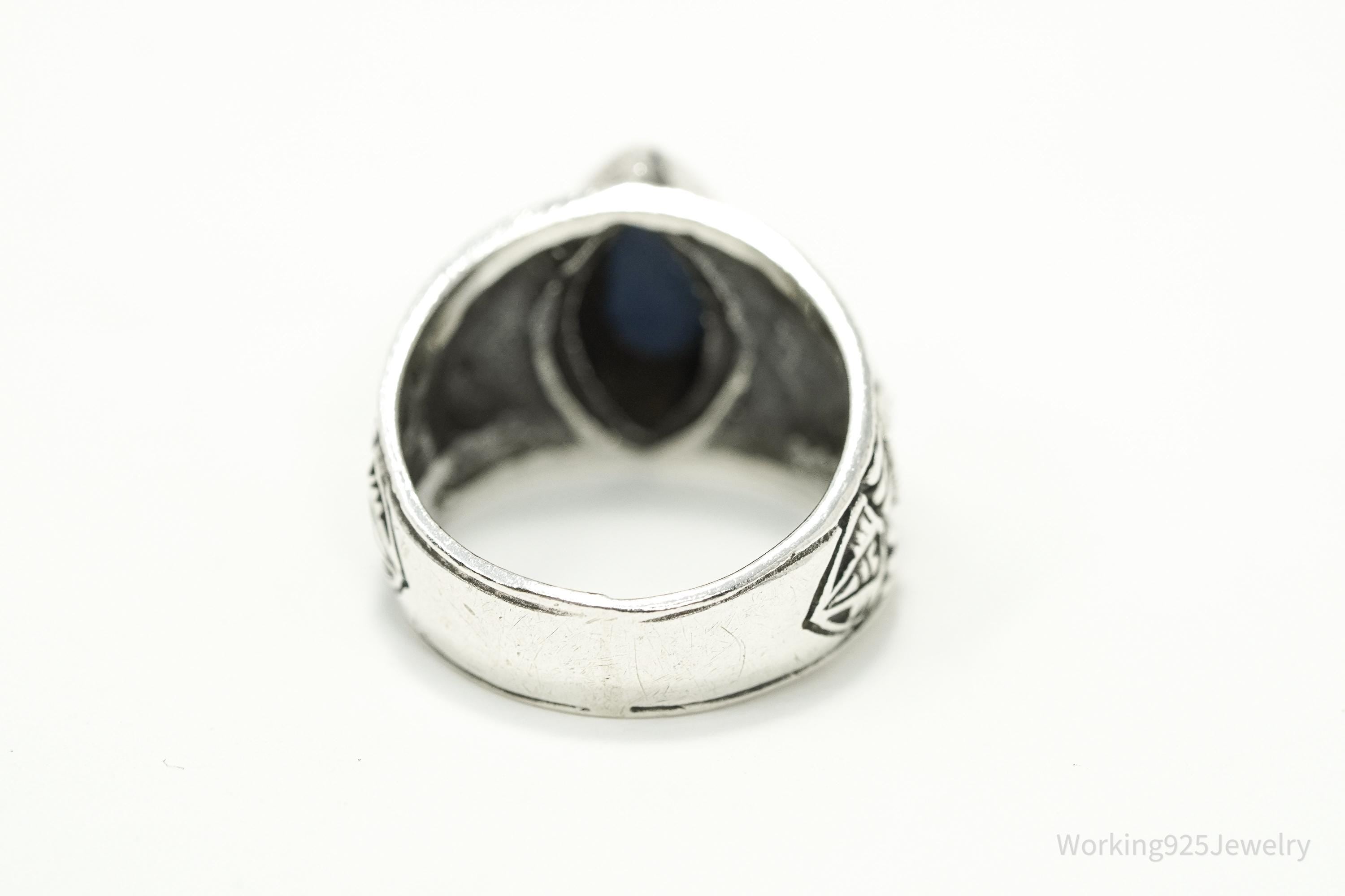 Vintage Blue Lapis Lazuli Lion Head Sterling Silver Ring - Size 6.5