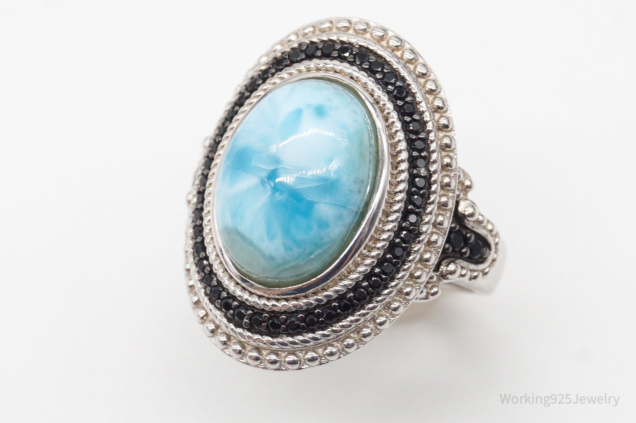 Vintage Blue Larimar Black Spinel Sterling Silver Ring - Size 7.75