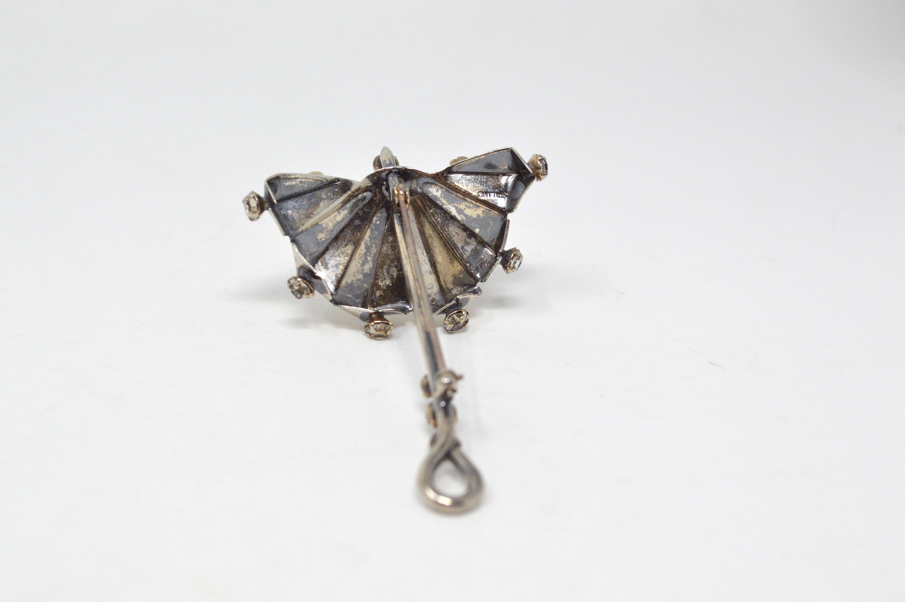 Vintage Rhinestone and Sterling Silver Umbrella Brooch / Pin -