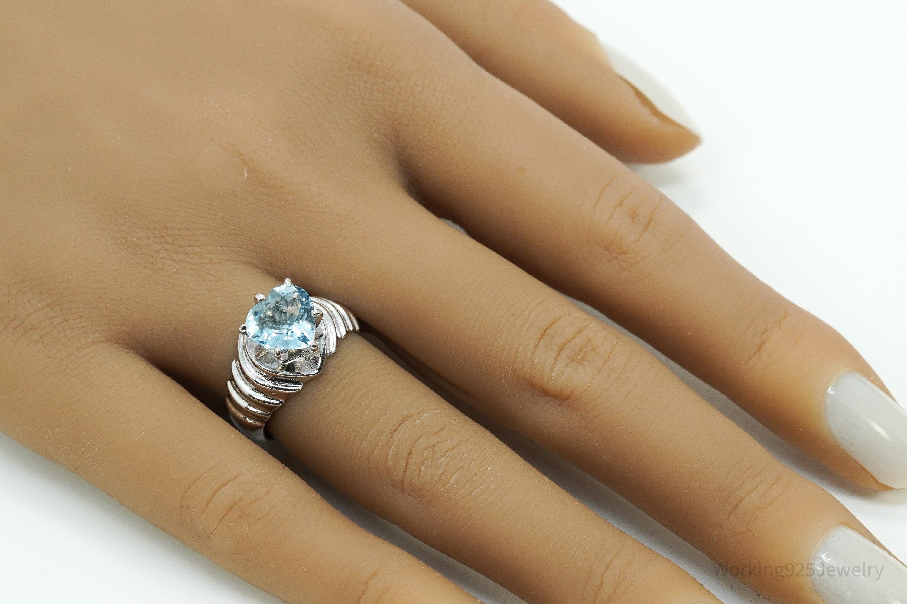 Vintage Blue Topaz Heart Sterling Silver Ring - Size 6.75