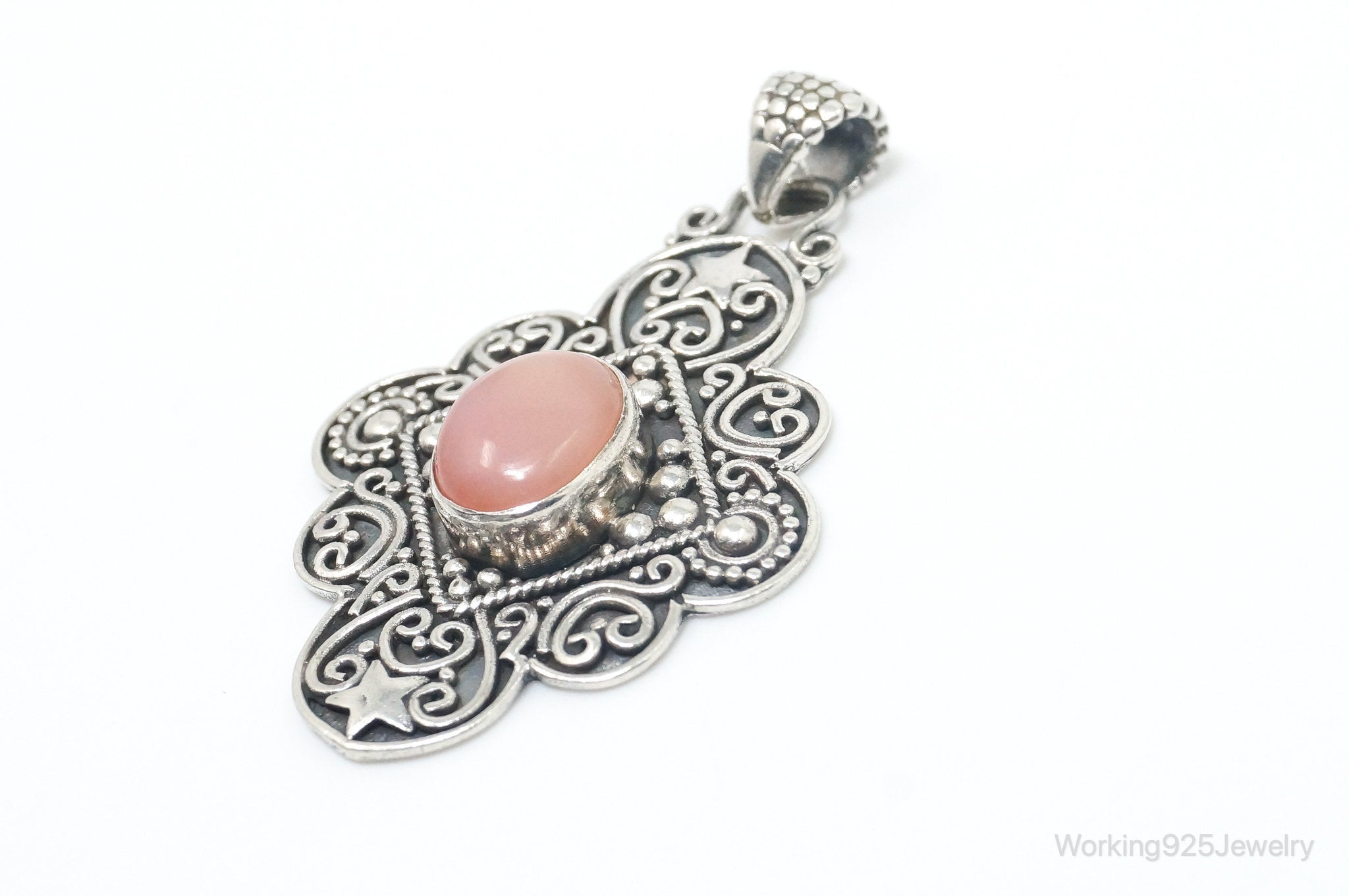 Vintage Pink Gemstone Bali Style Sterling Silver Dangle Pendant