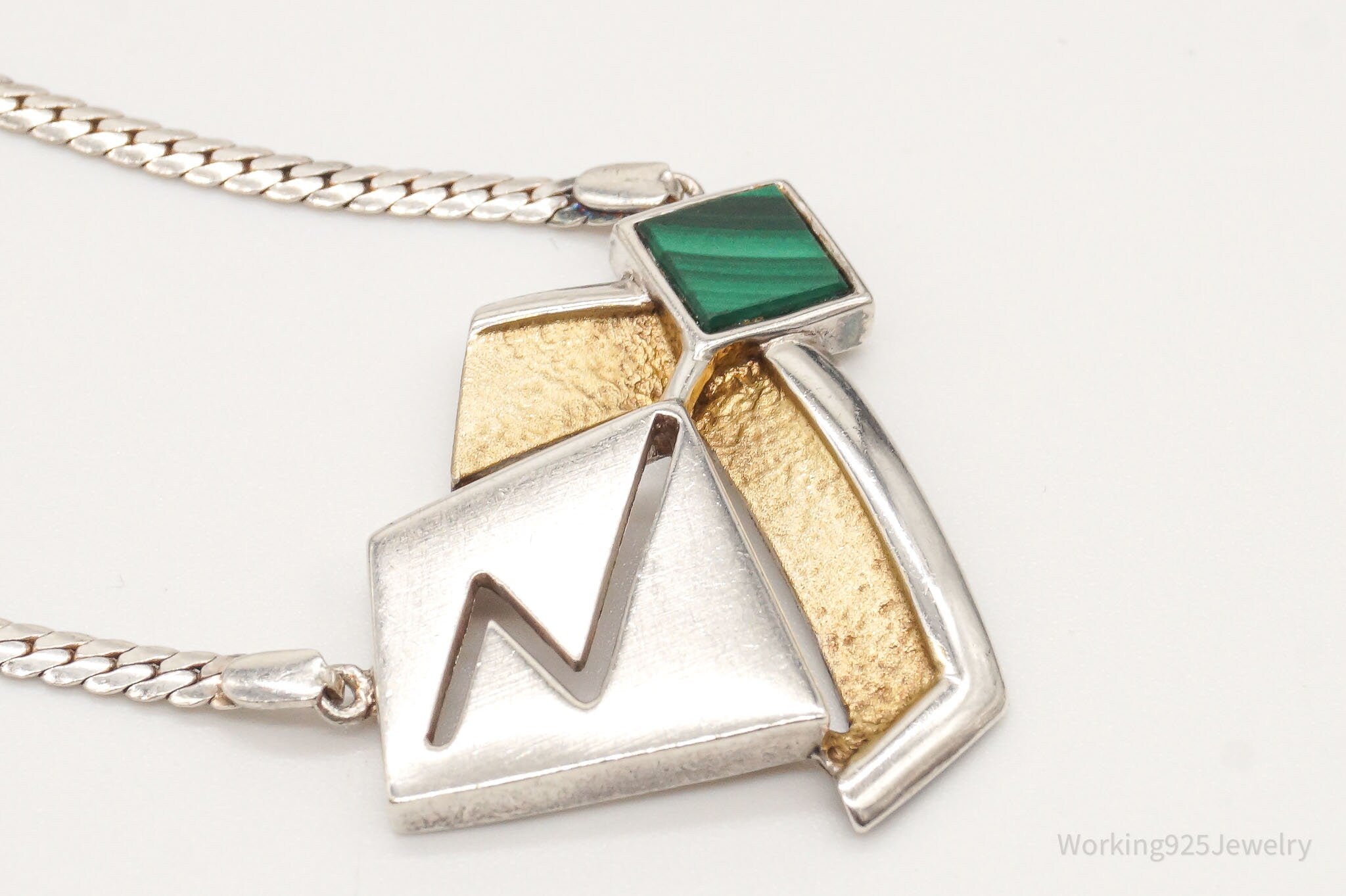 Vintage Malachite Modernist Gold Vermeil Sterling Silver Necklace