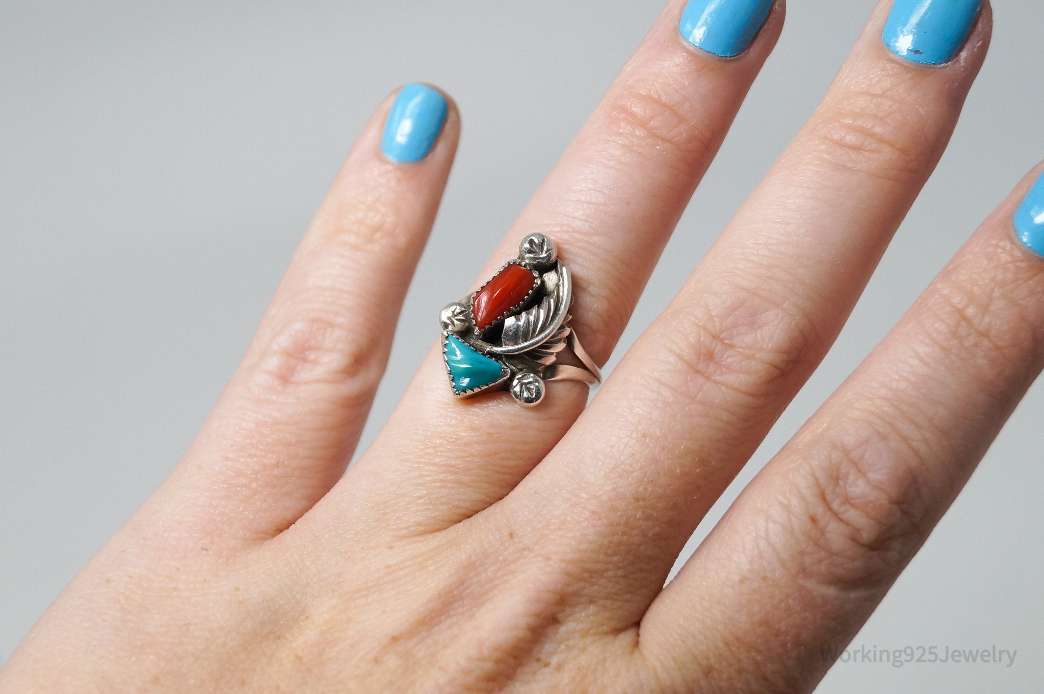 Vtg Native American Turquoise Coral Sterling Silver Ring - Sz 7.5