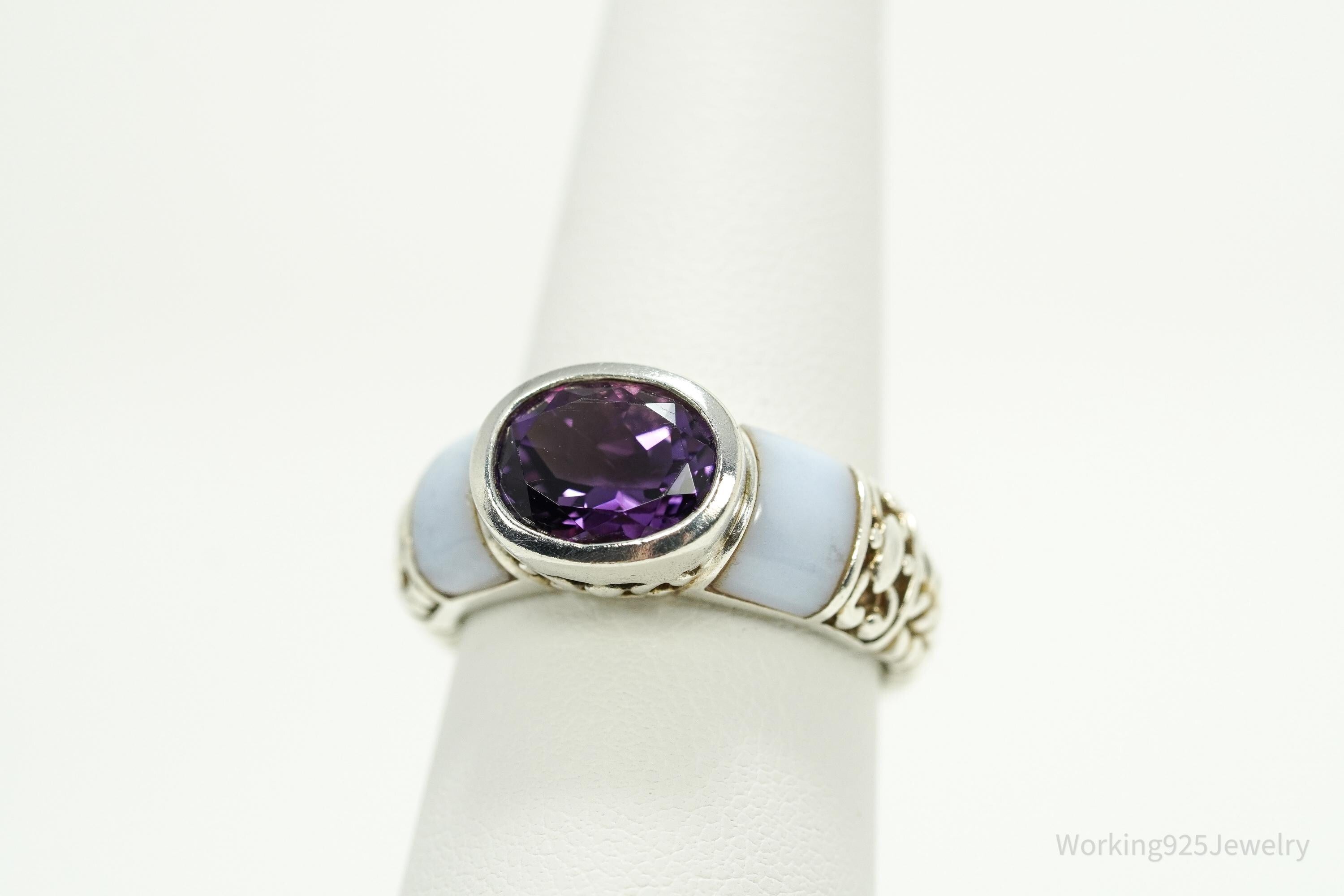 Vintage Amethyst & Blue Chalcedony Sterling Silver Ring - Size 8.25