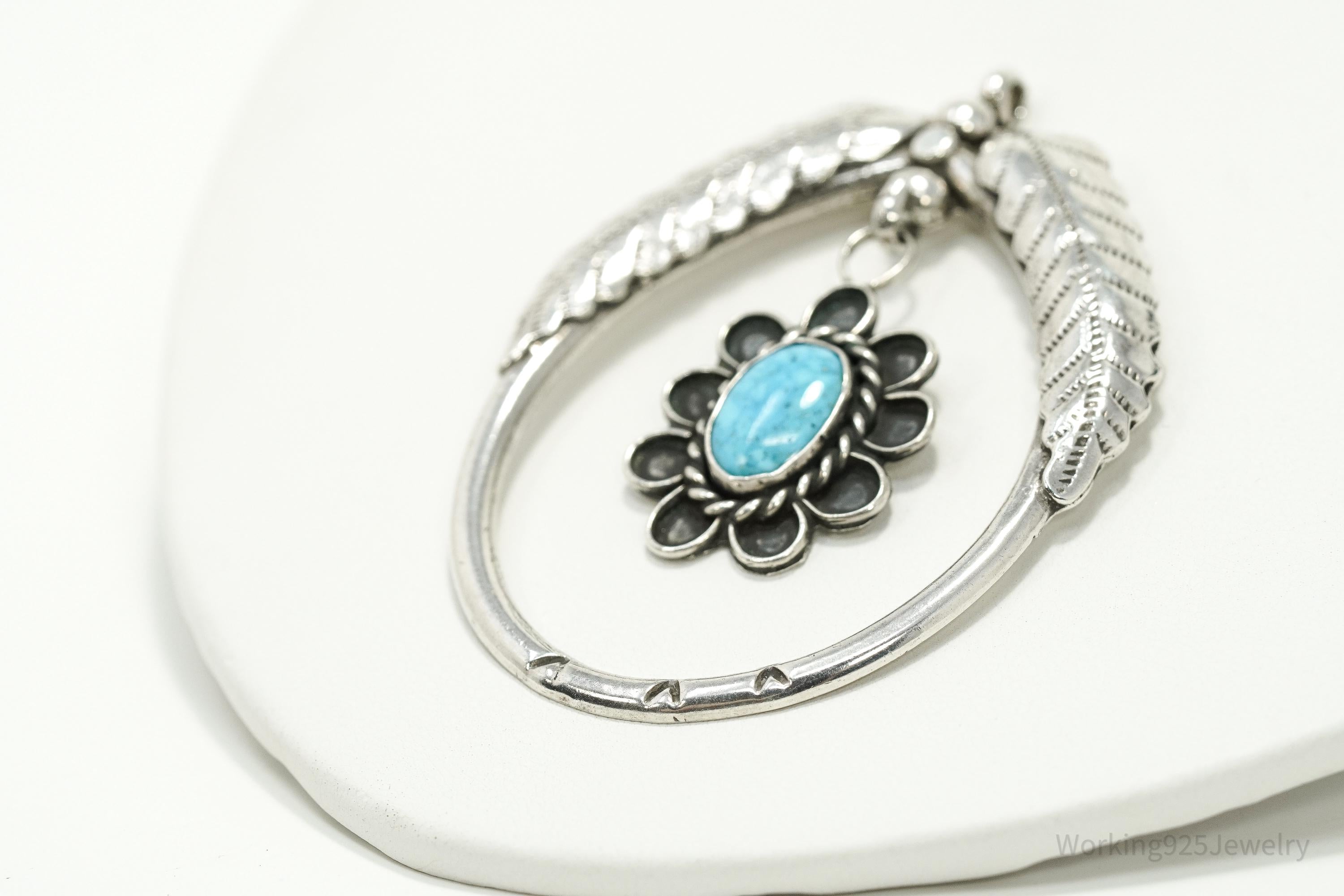 Vintage Mexican Handmade Large Turquoise Sterling Silver Pendant