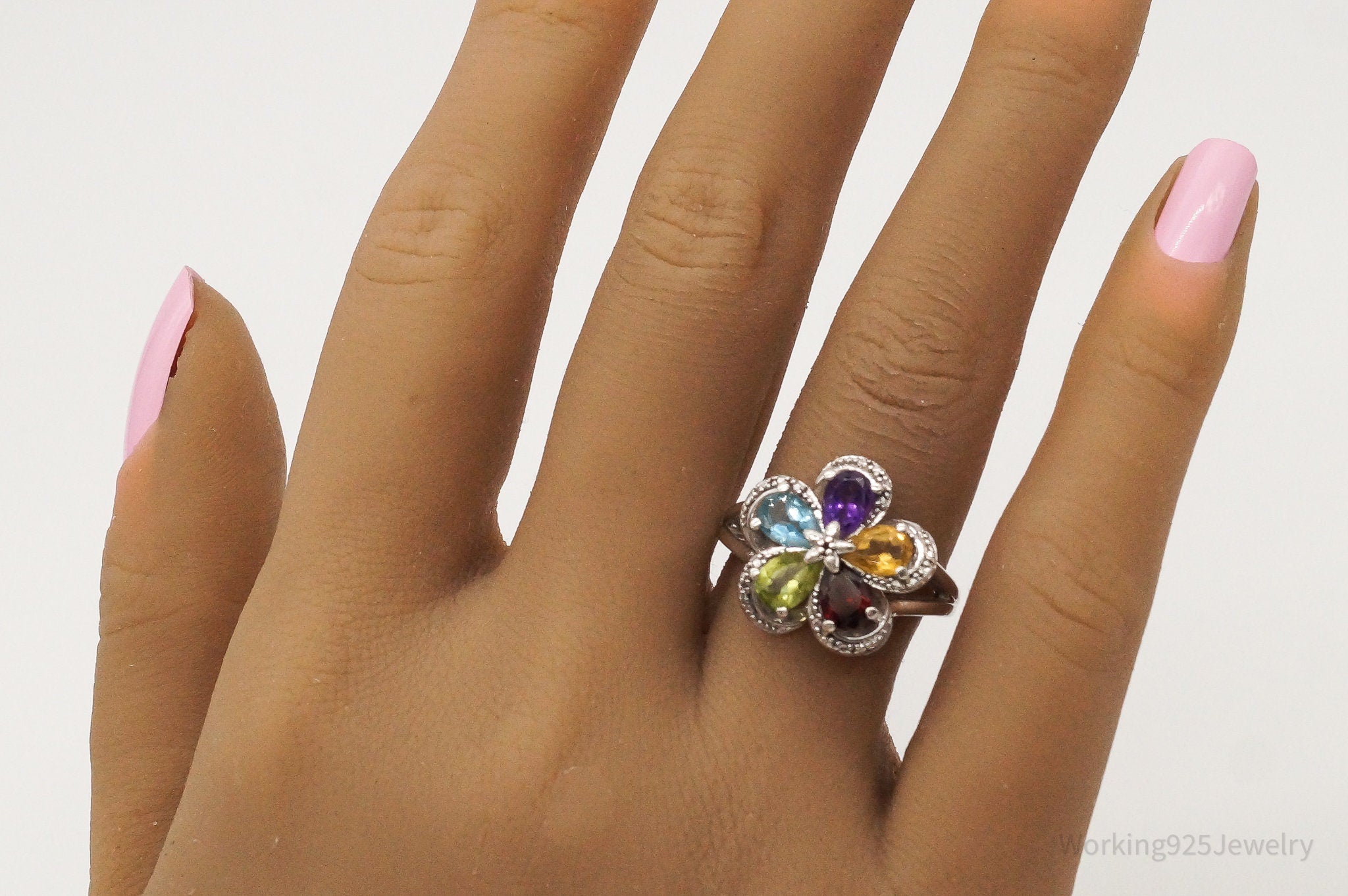 Vintage Multi Gemstone Flower Sterling Silver Ring - Size 6.75