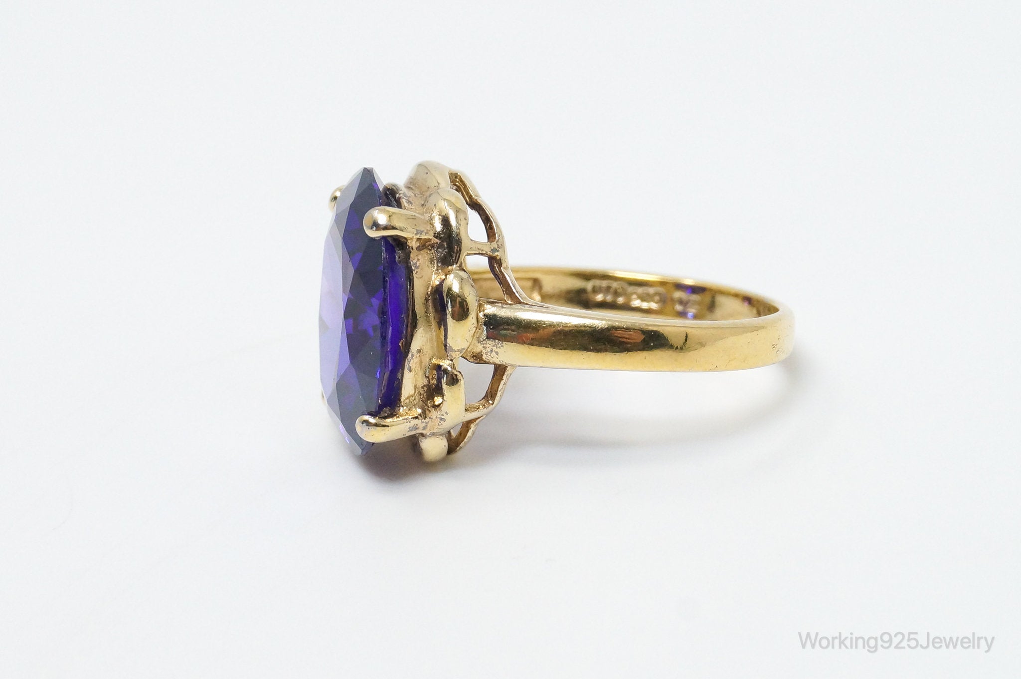 Vintage Large Purple Cubic Zirconia Gold Vermeil Sterling Silver Ring Size 7.75