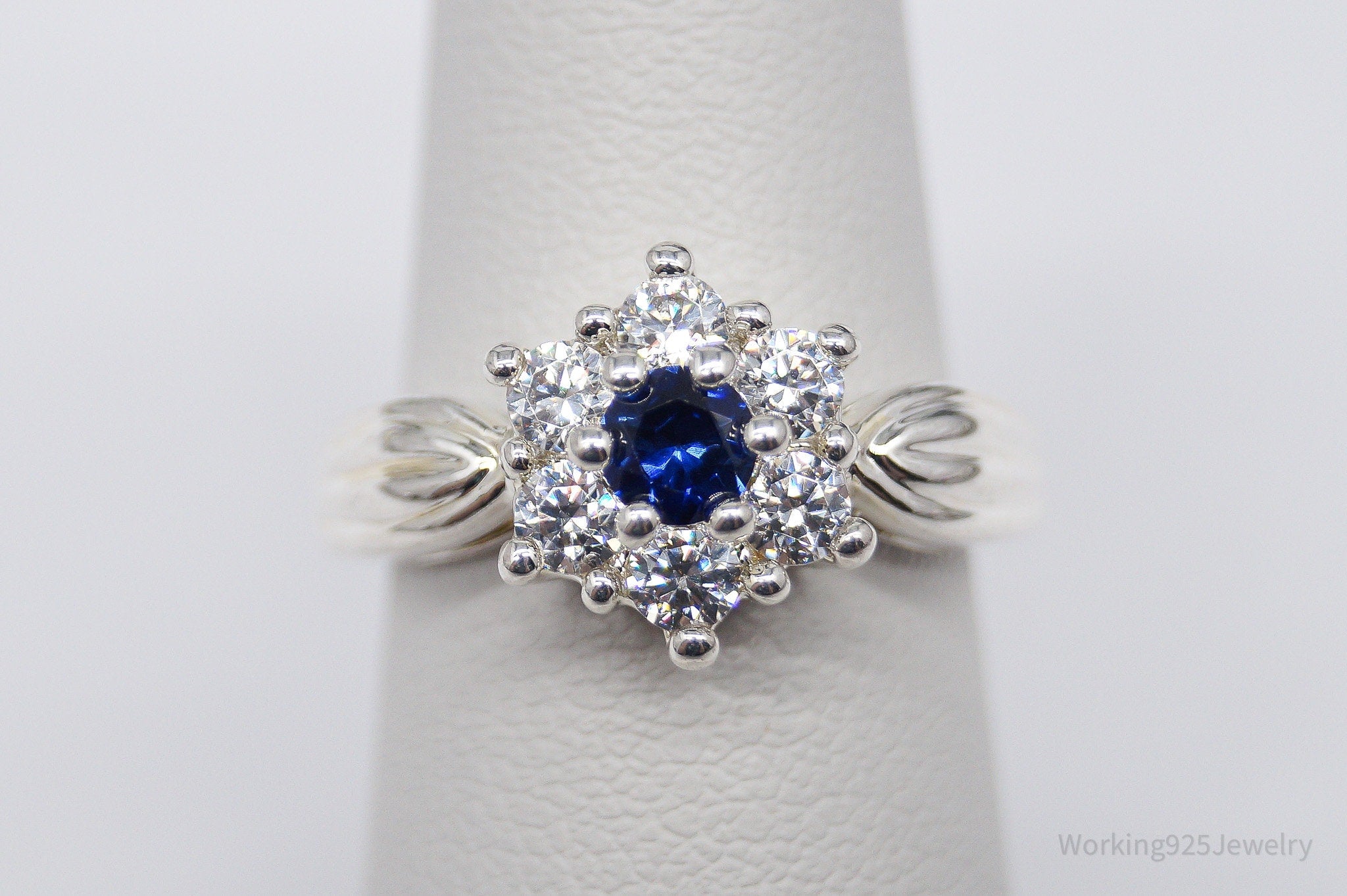 Sapphire & Cubic Zirconia Rhodium Plated Sterling Silver Ring - Size 6