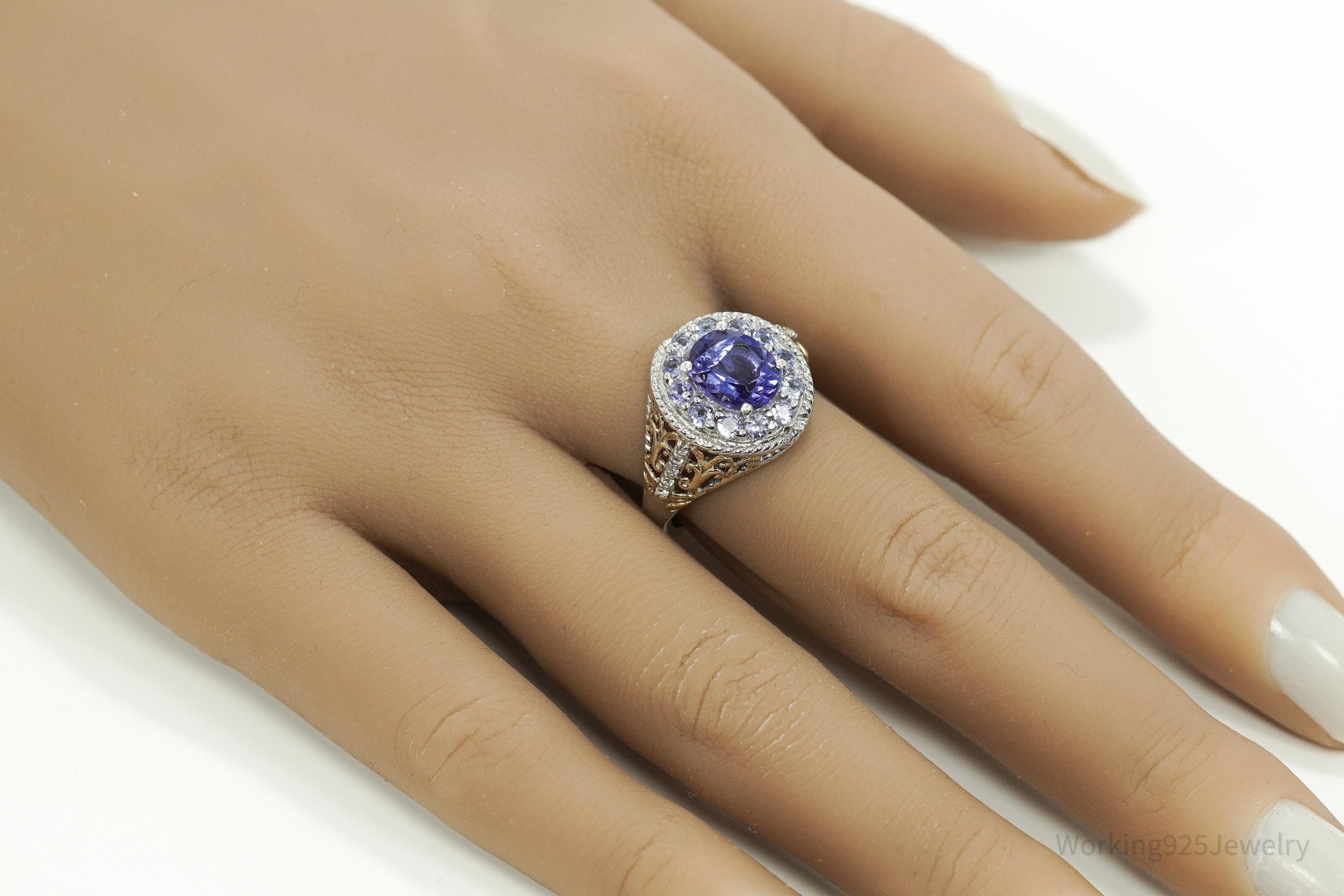 Vintage Tanzanite & White Topaz Gold Vermeil Sterling Silver Ring Size 9