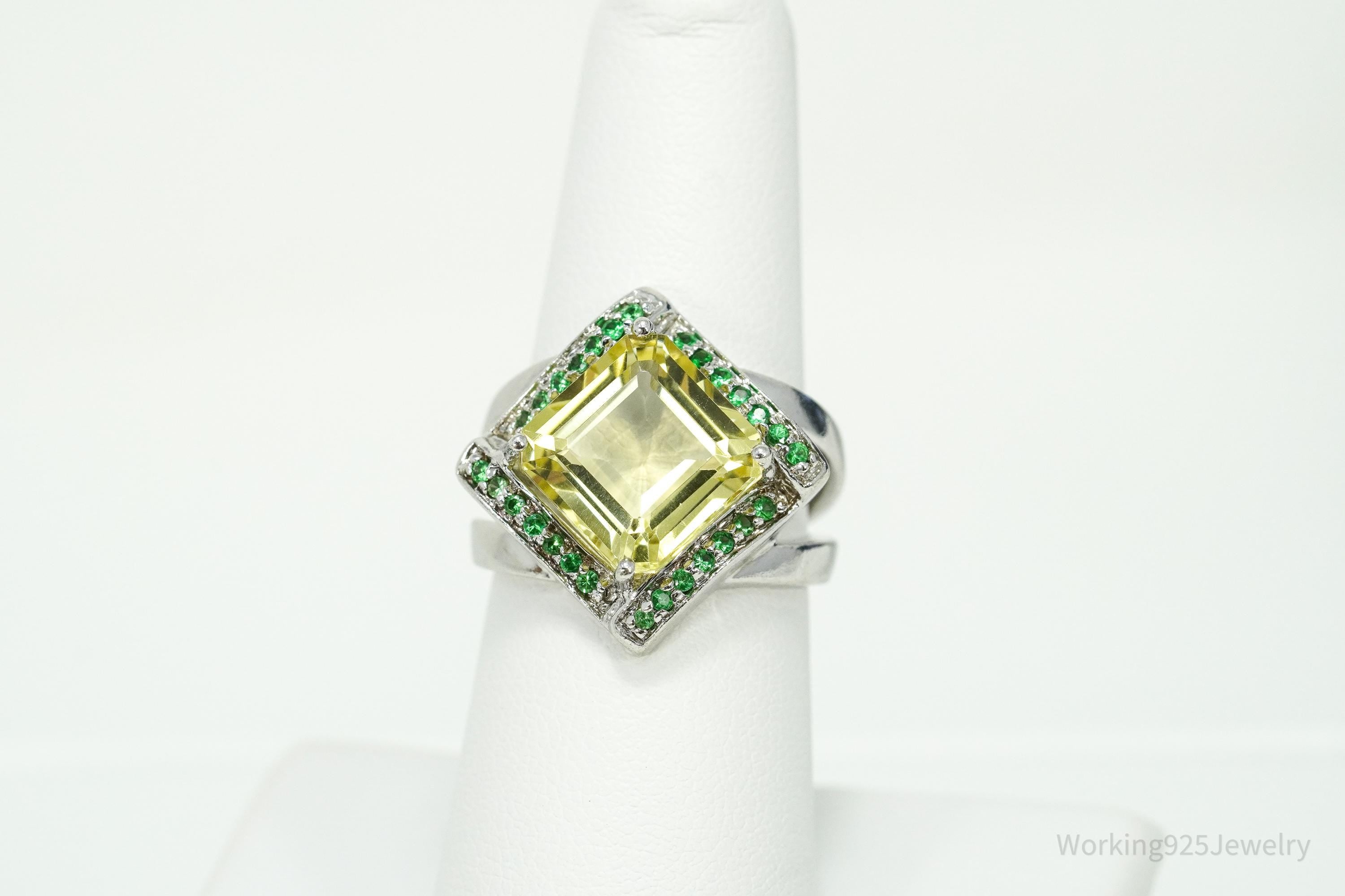 Vintage Lemon Citrine & Emerald Sterling Silver Ring Size 7