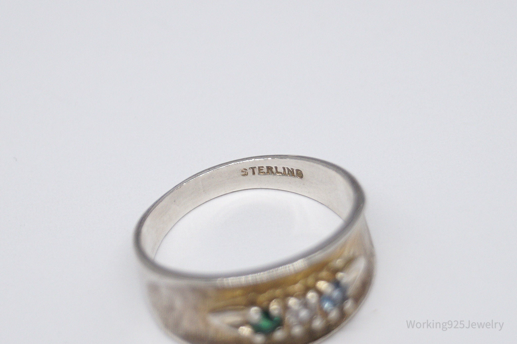 Vintage Green White & Blue Topaz Sterling Silver Band Ring - Size 6