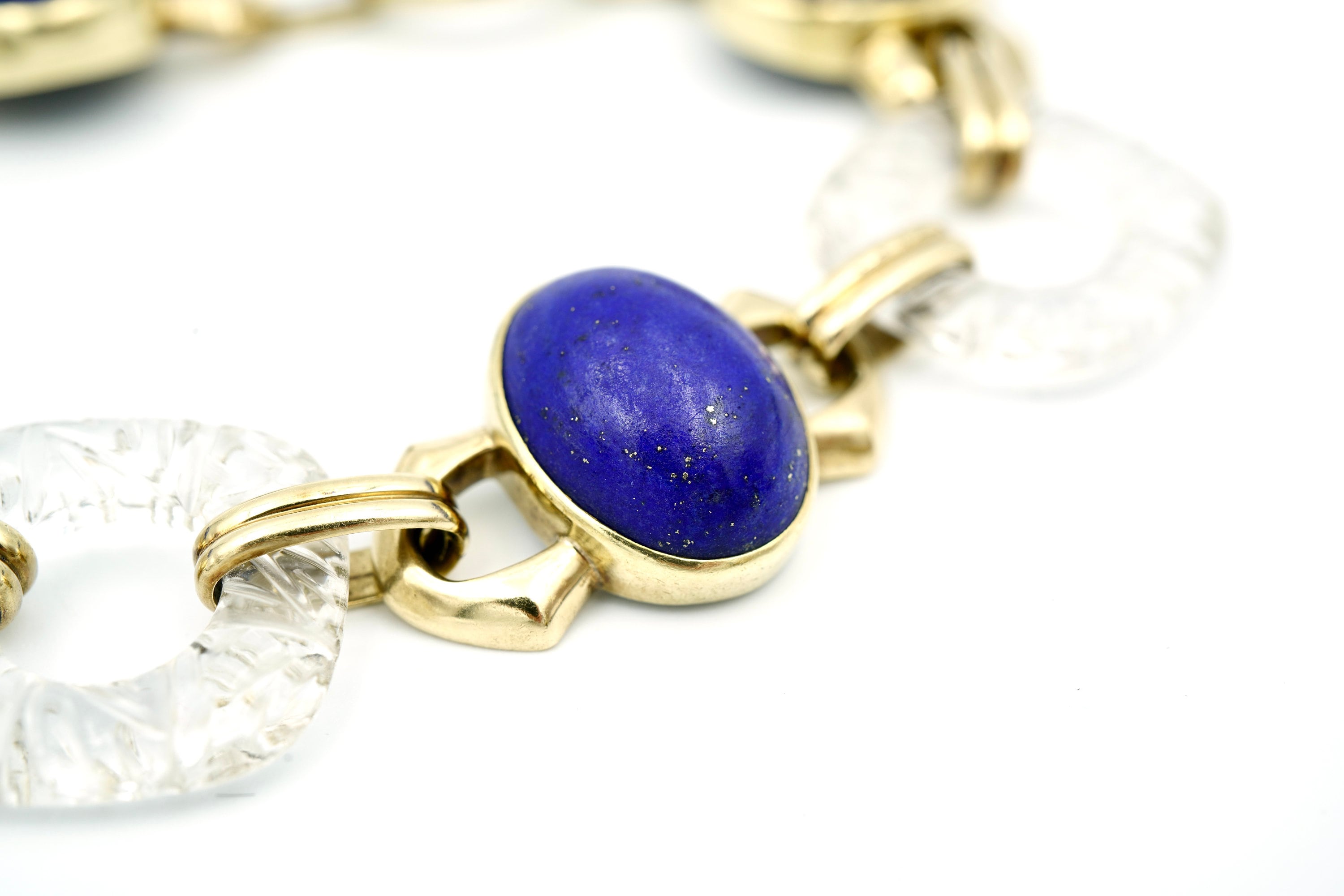 Vintage 14k Yellow Gold Lapis Lazuli & Rock Crystal Quartz Bracelet