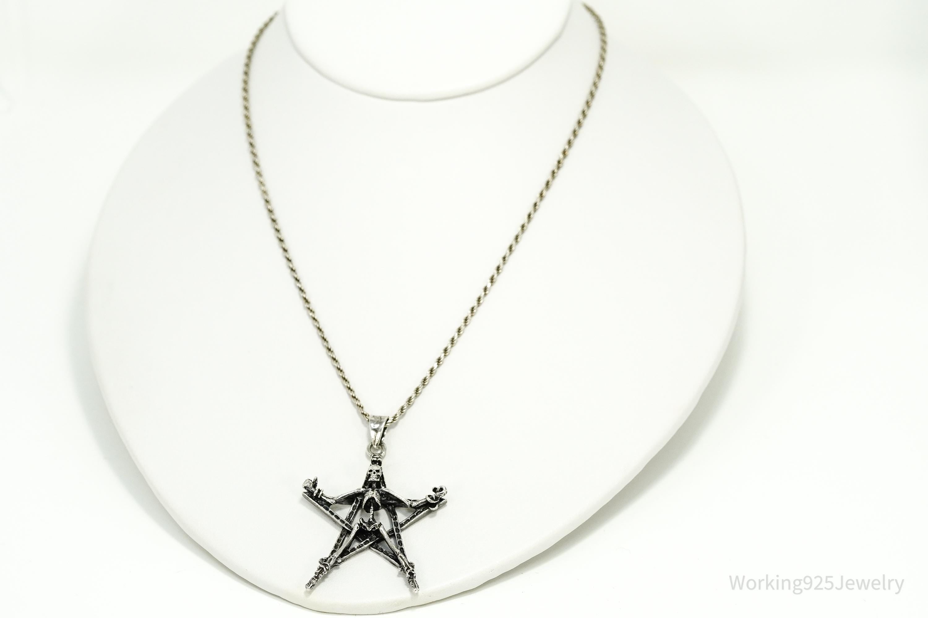 Vintage Skeleton Pentagram Sterling Silver Necklace 20"