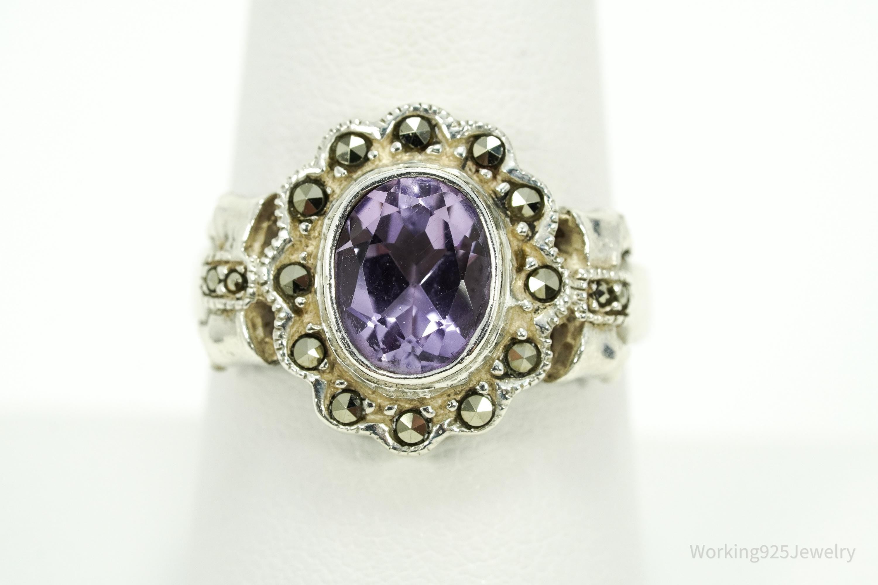 Vintage Amethyst & Marcasite Sterling Silver Ring - Size 9