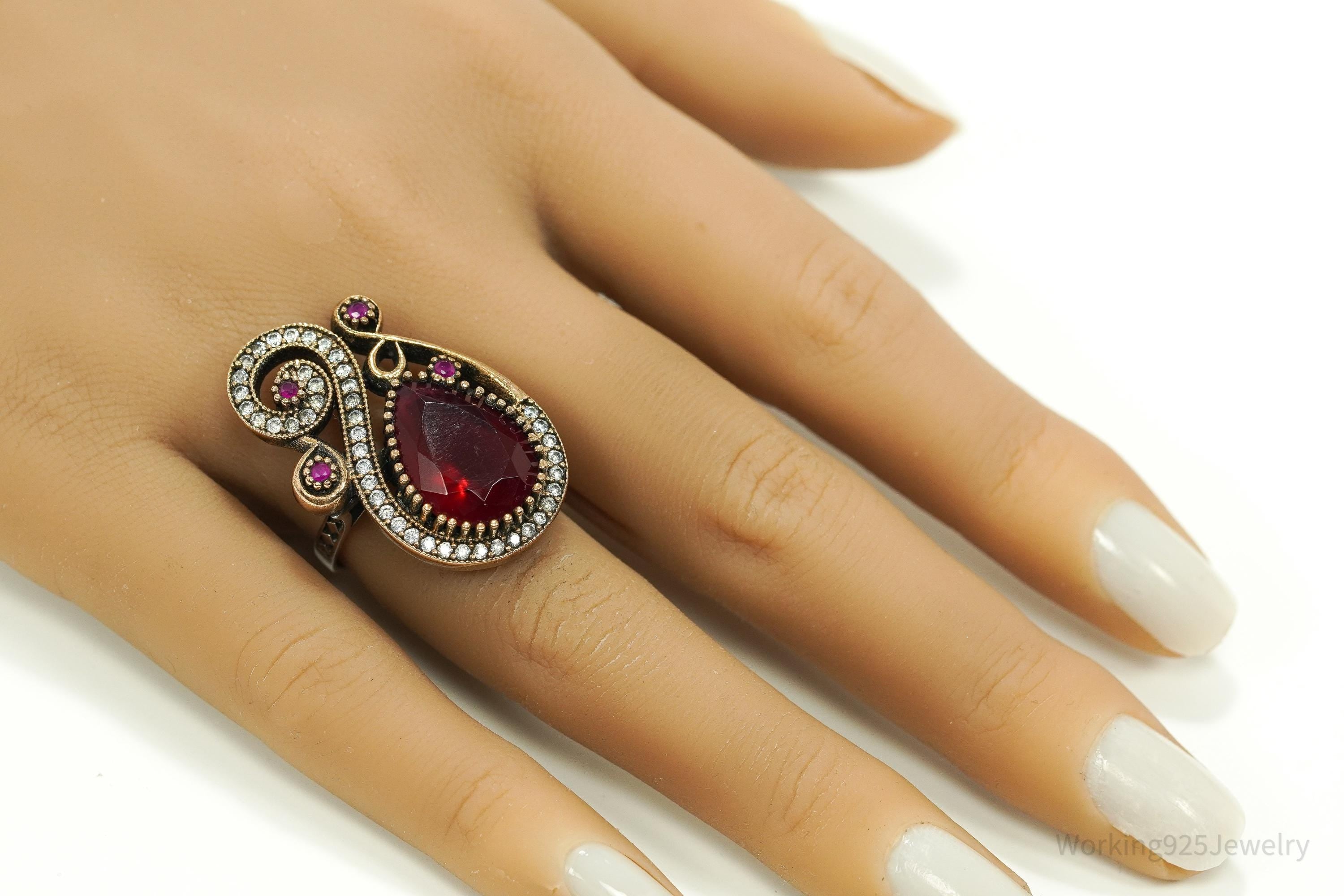 Vintage Red Stone, Ruby, & Cubic Zirconia Sterling Silver Ring - Size 7.5