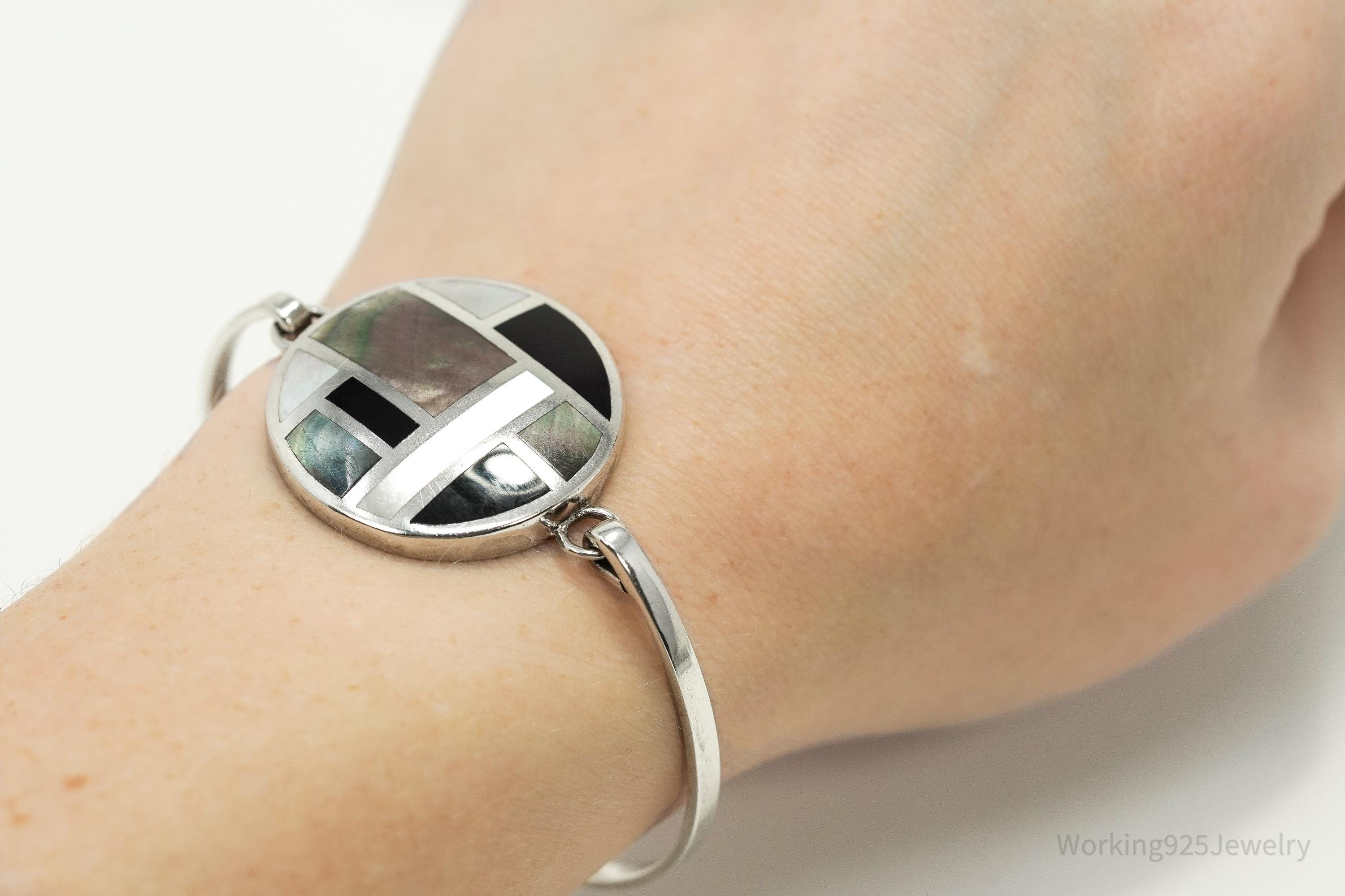 Vintage Black Onyx Mother Of Pearl Paua Shell Sterling Silver Bracelet 6.75"