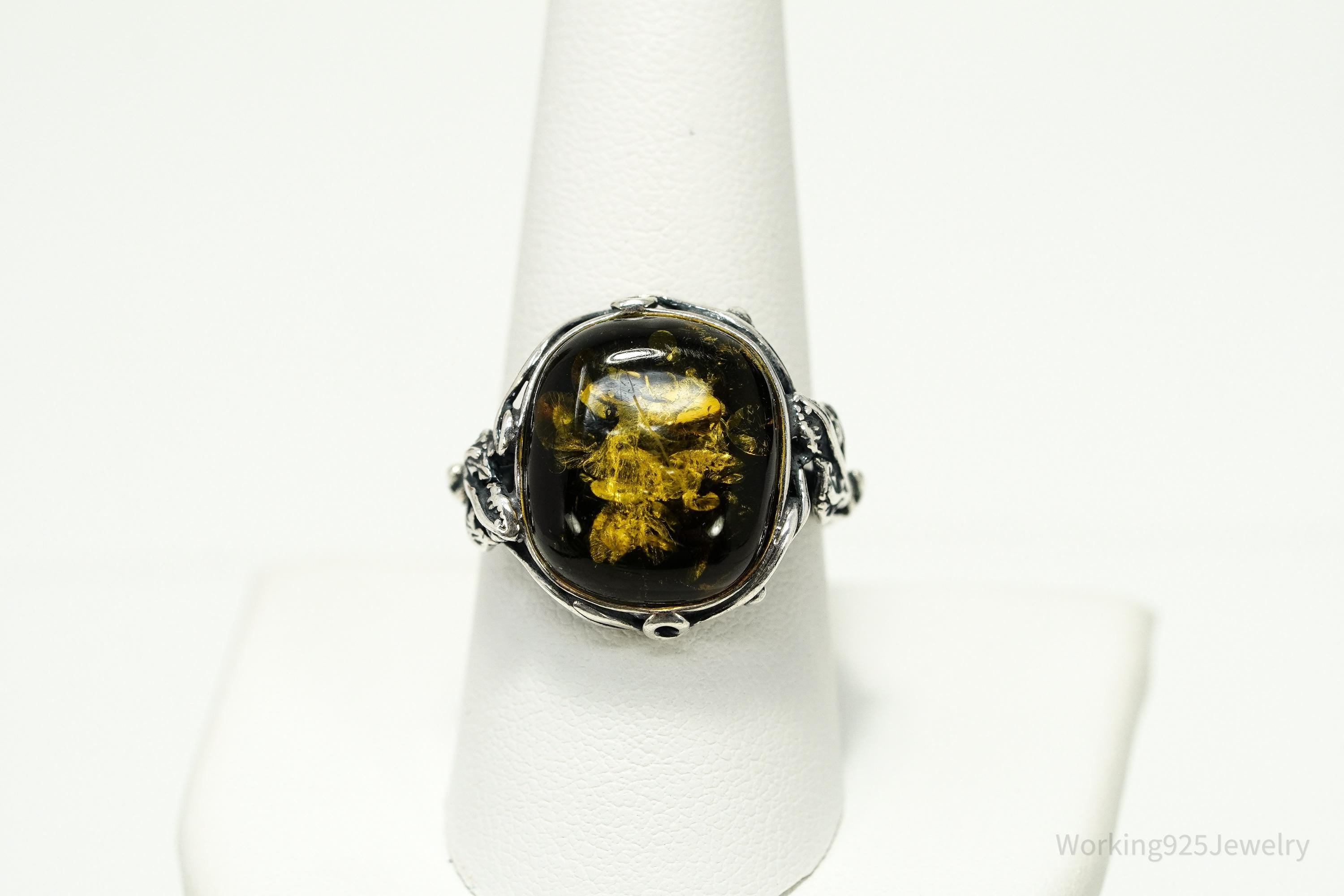Vintage Large Amber Modernist Style Sterling Silver Ring - Size 9
