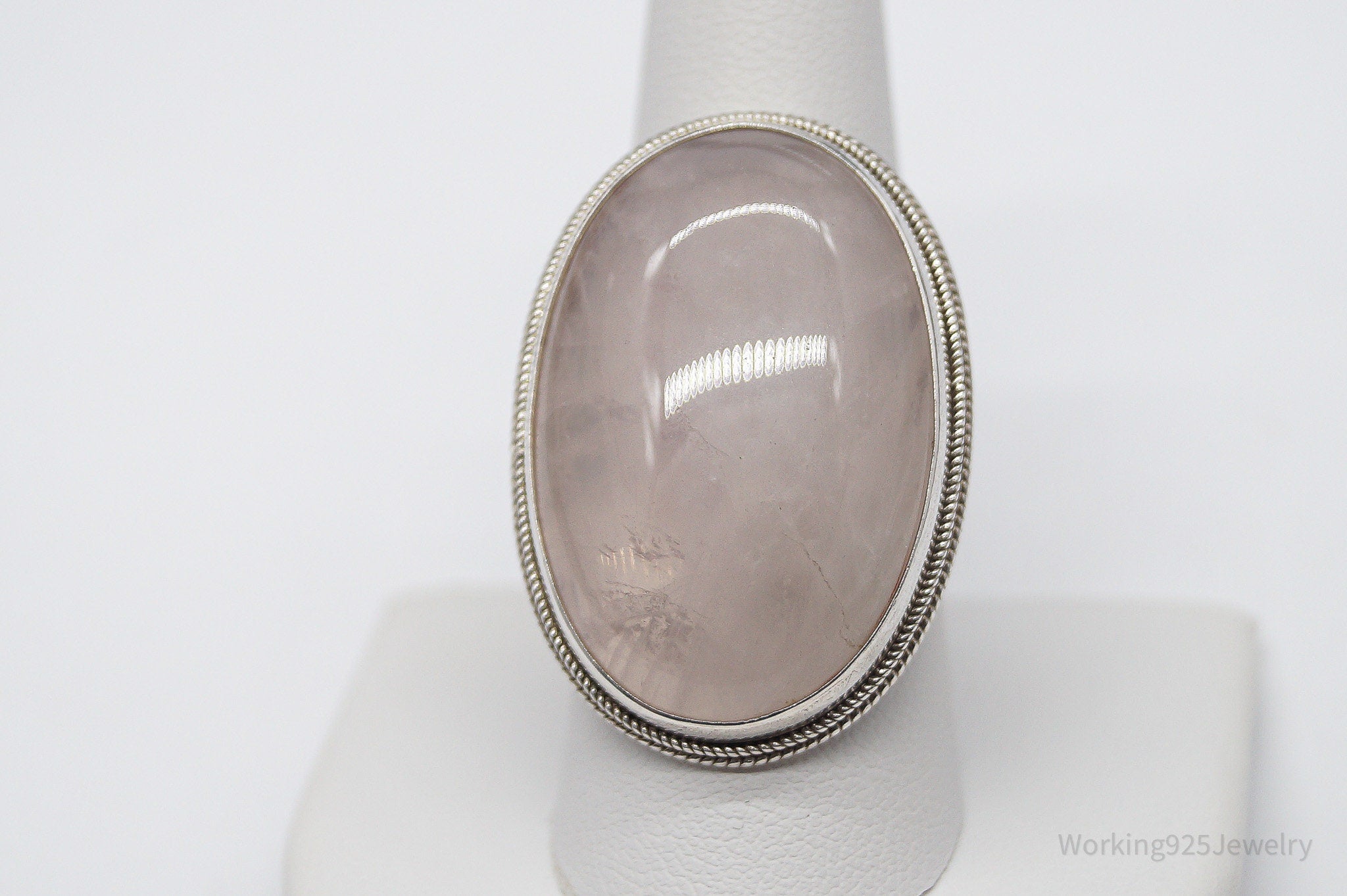 Vintage Large Rose Quartz Sterling Silver Ring - Size 10