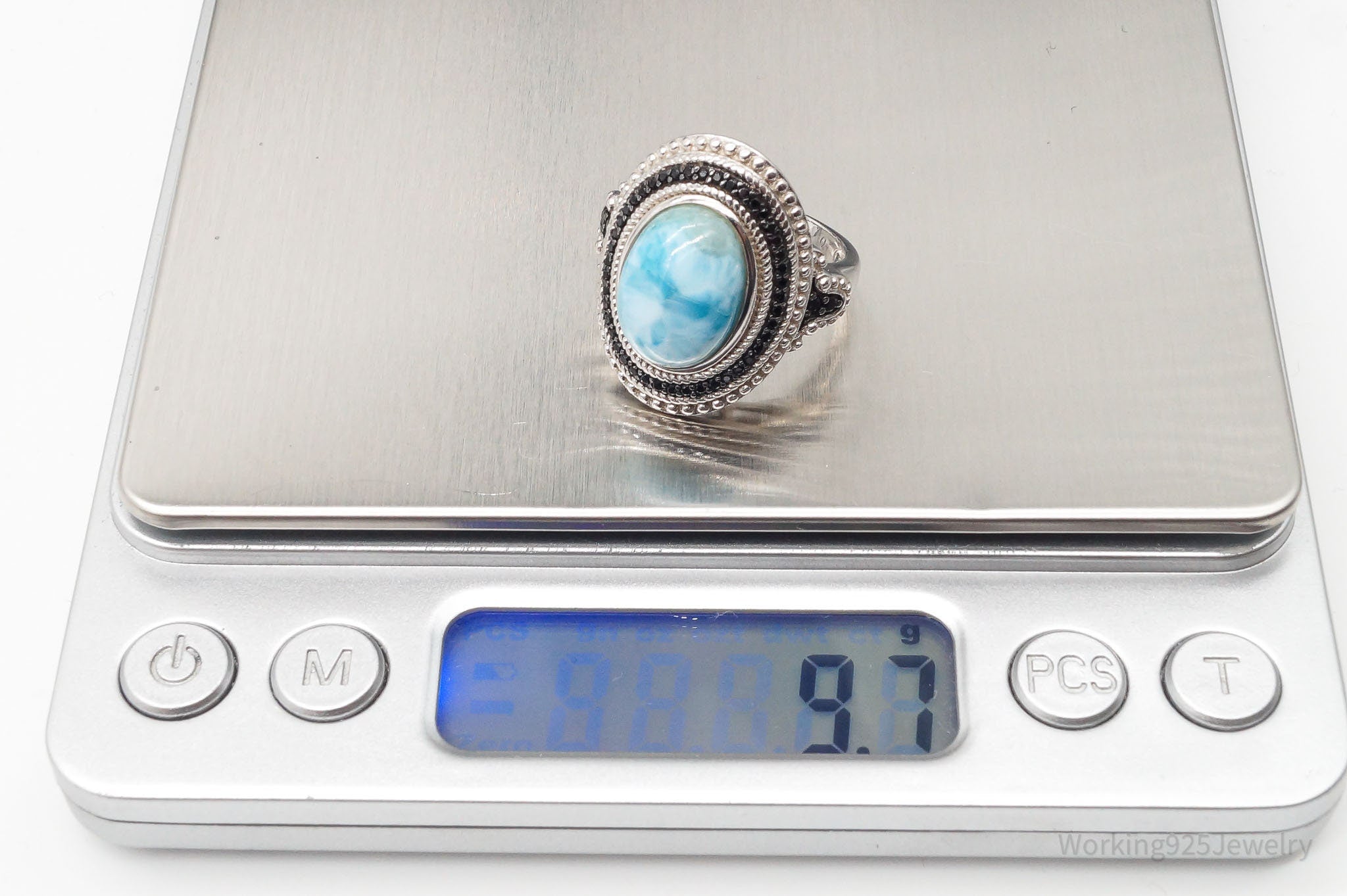 Vintage Blue Larimar Black Spinel Sterling Silver Ring - Size 7.75