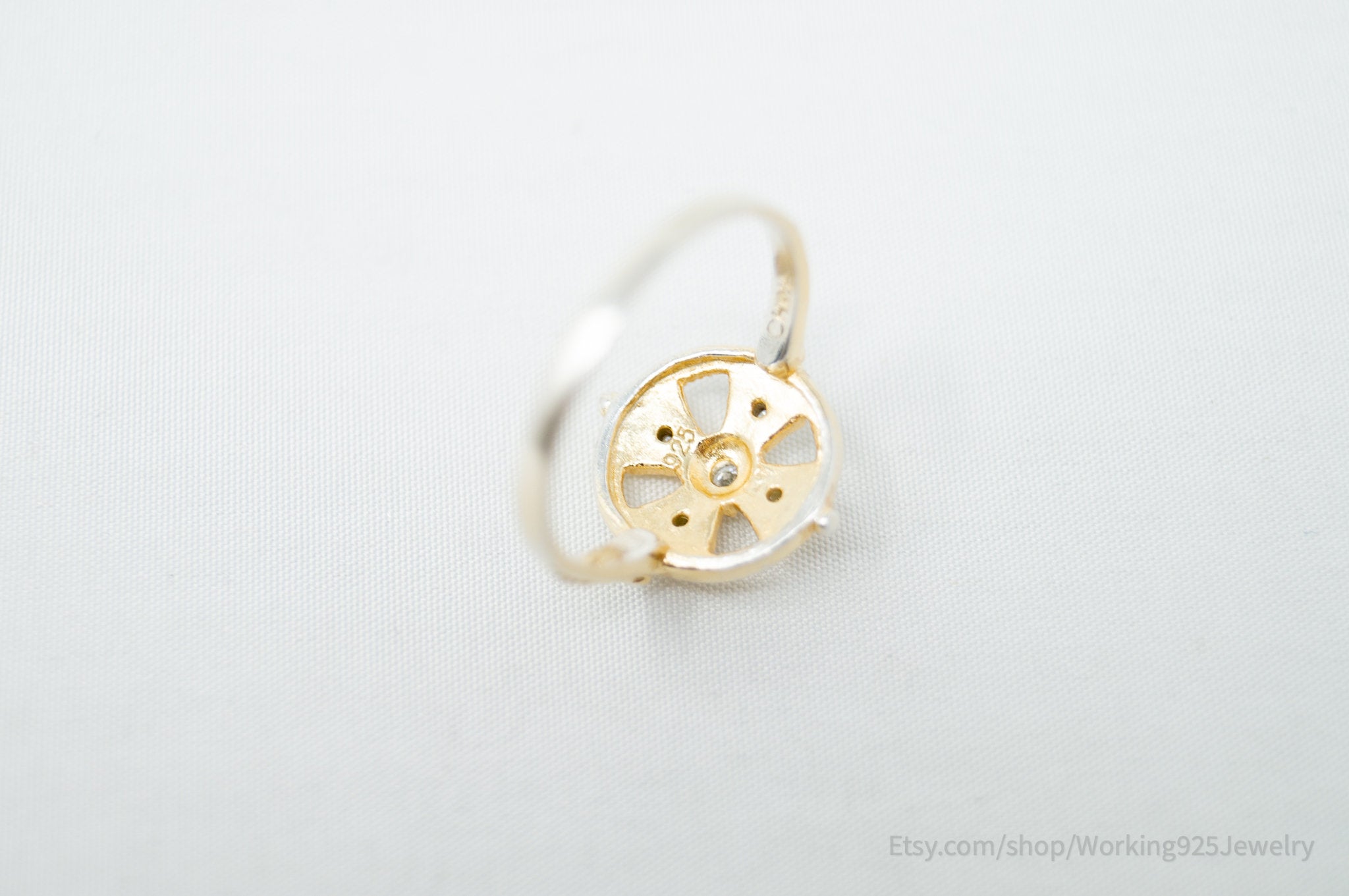 Vintage Deco Gold Vermeil Cubic Zirconia Sterling Silver Ring - Size 6