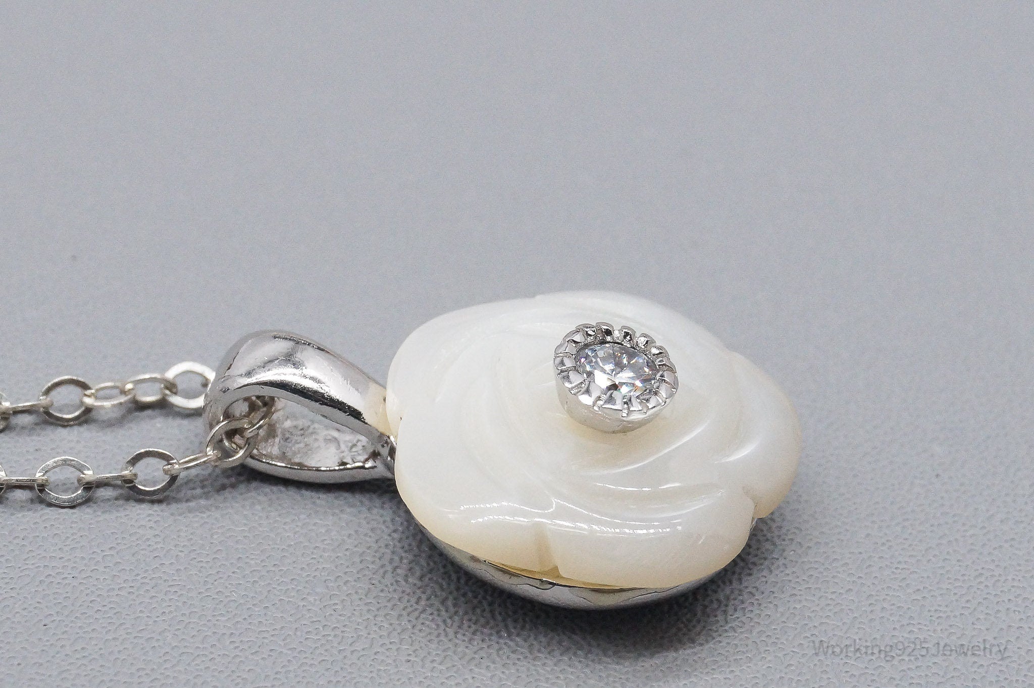 Vintage Cubic Zirconia & Mother Of Pearl Rose Sterling Silver Necklace 18"