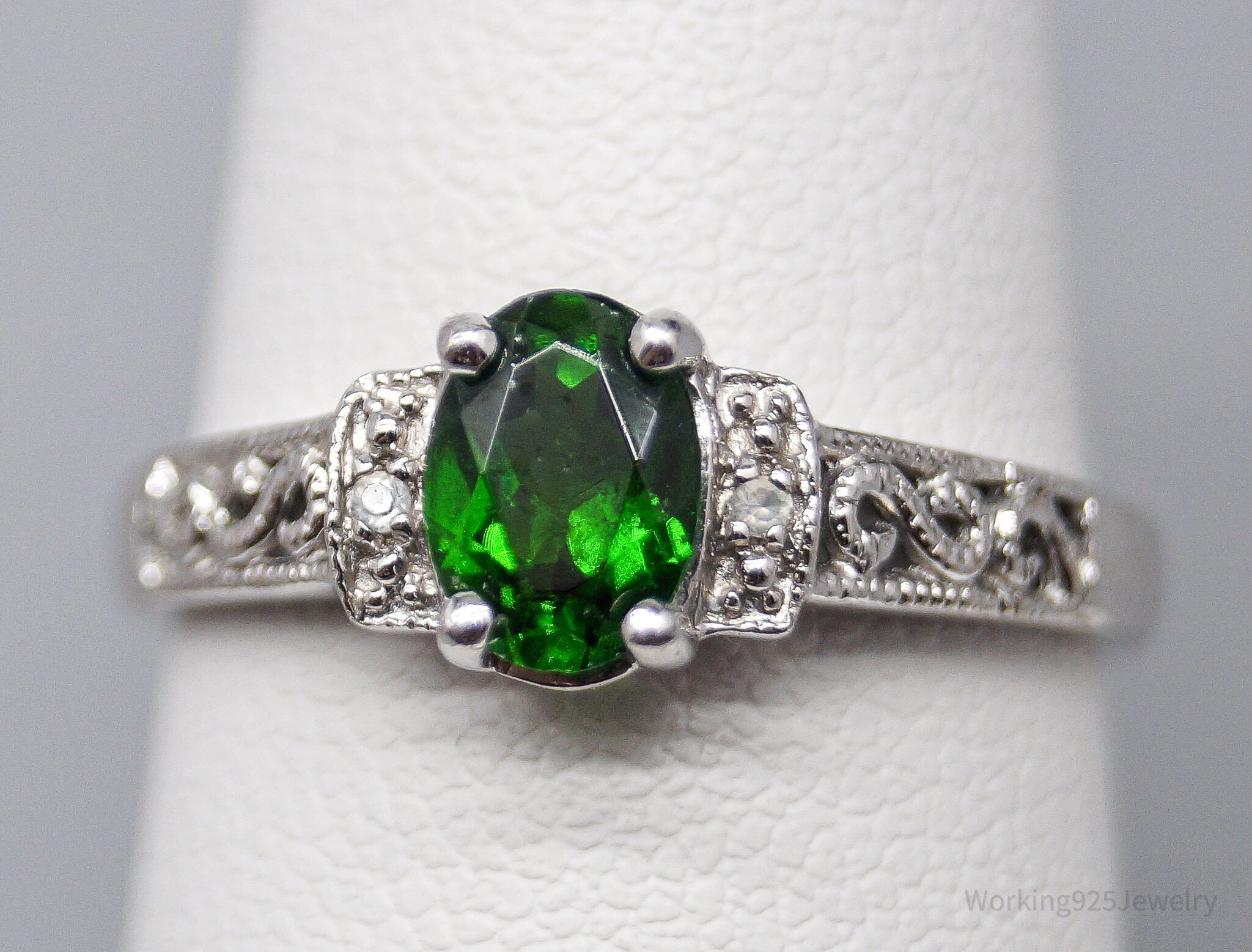 Vintage Green Chrome Diopside White Topaz Sterling Silver Ring - Size 7