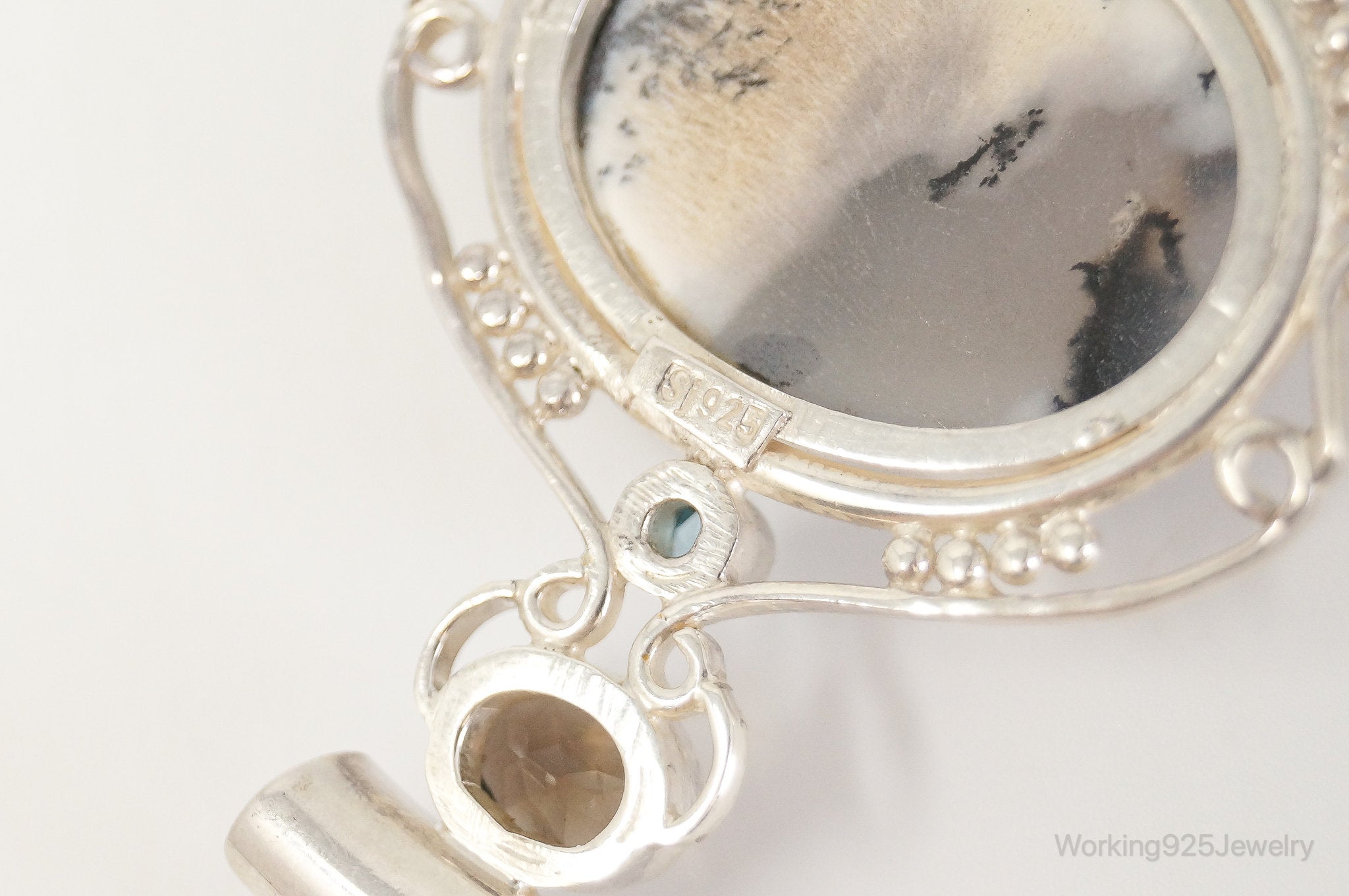 Large SAJEN Dendritic Agate Smoky Topaz Blue Topaz Sterling Silver Pendant