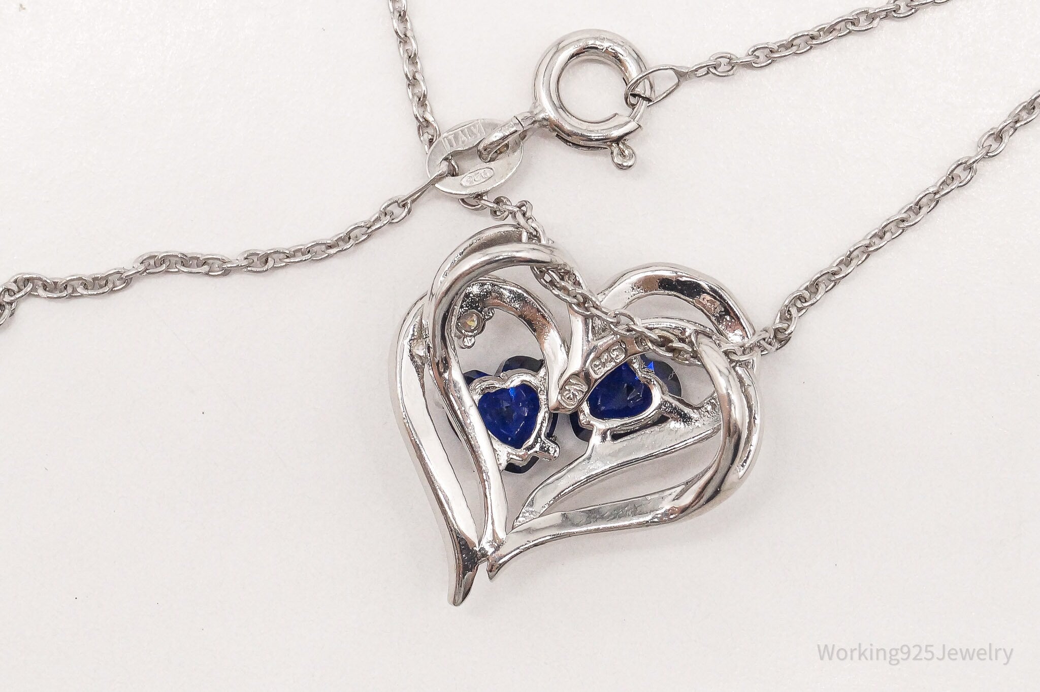 Vintage Lab Sapphire Diamond Heart Sterling Silver Necklace 18"