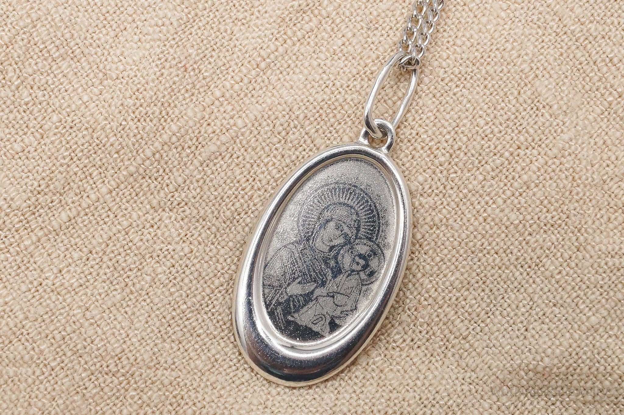 Antique Mary & Jesus Sterling Silver Necklace 17"