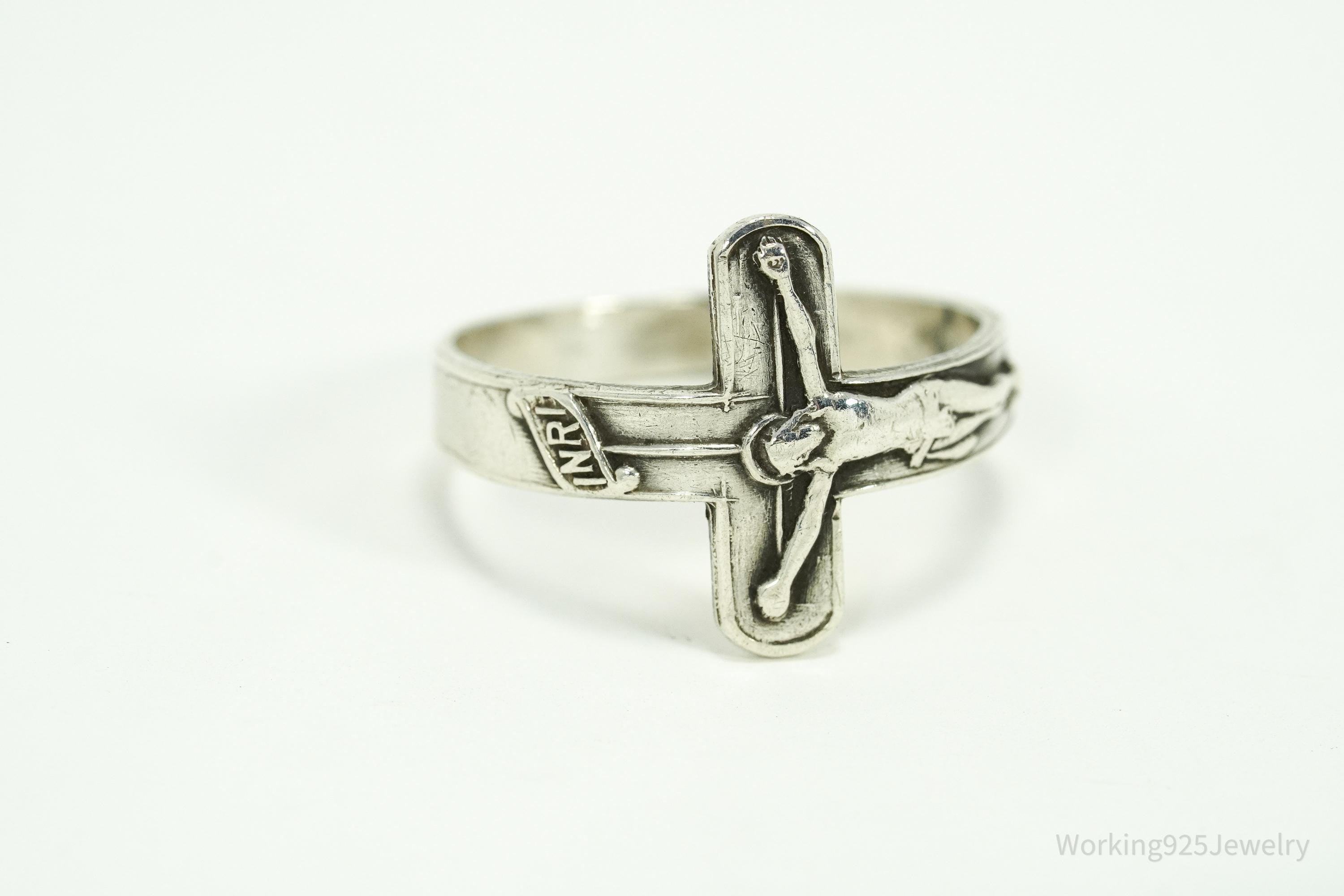 Vintage Crucifix Cross Sterling Silver Ring - Size 8.75 Adjustable