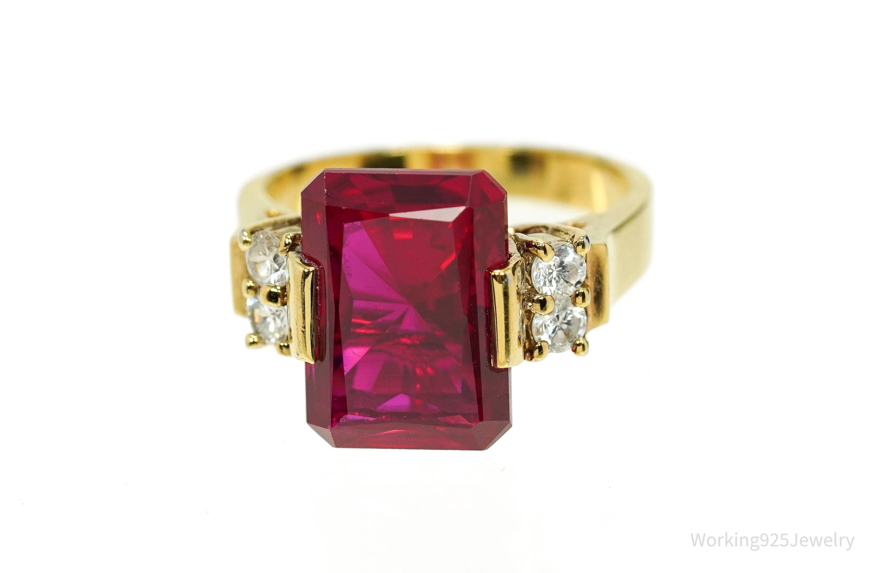 Vintage Ruby & Cubic Zirconia Gold Vermeil Sterling Silver Ring Size 8