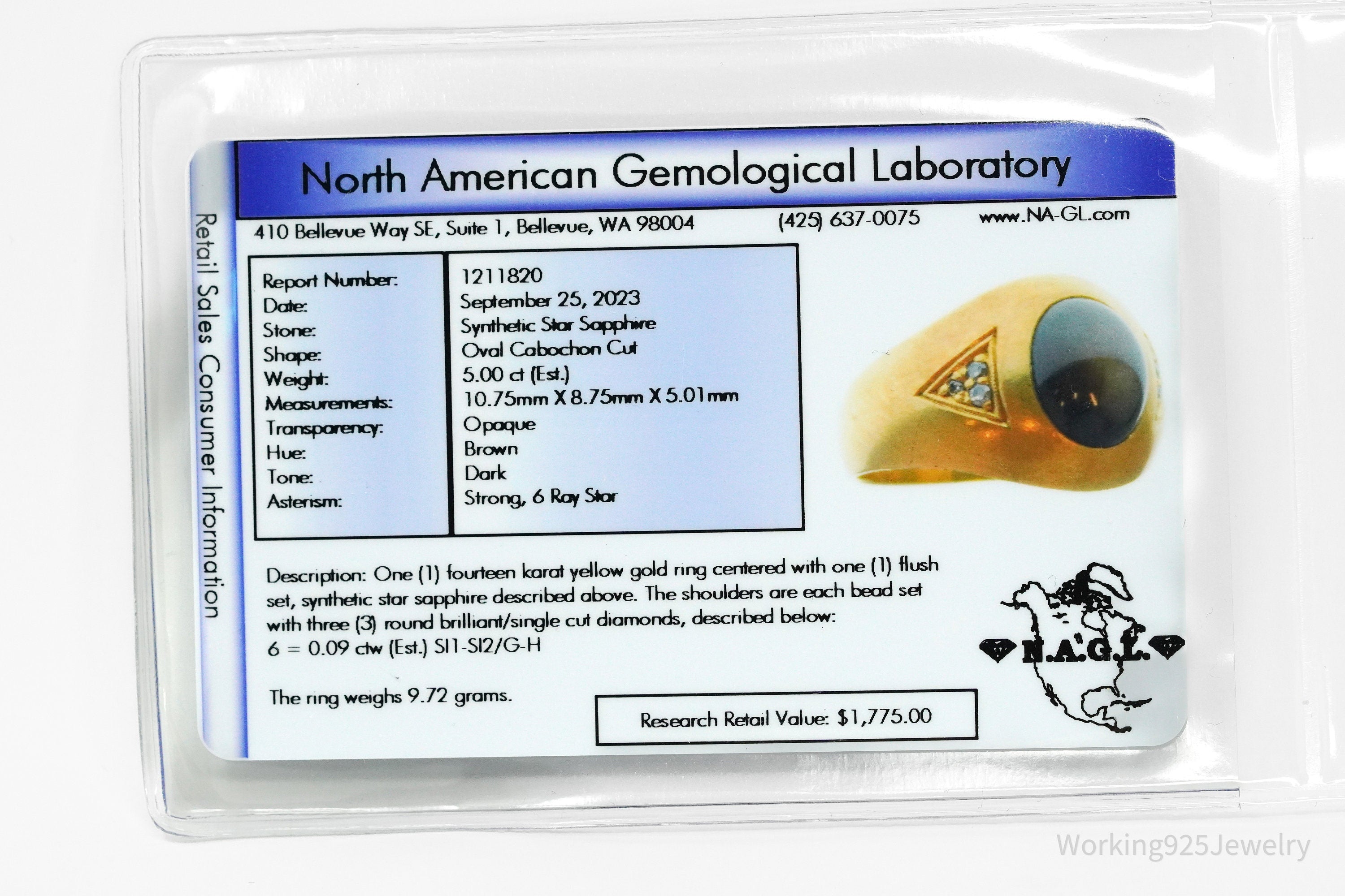 14K Yellow Gold, Synthetic Star Sapphire & Diamond Ring - Size 9.5